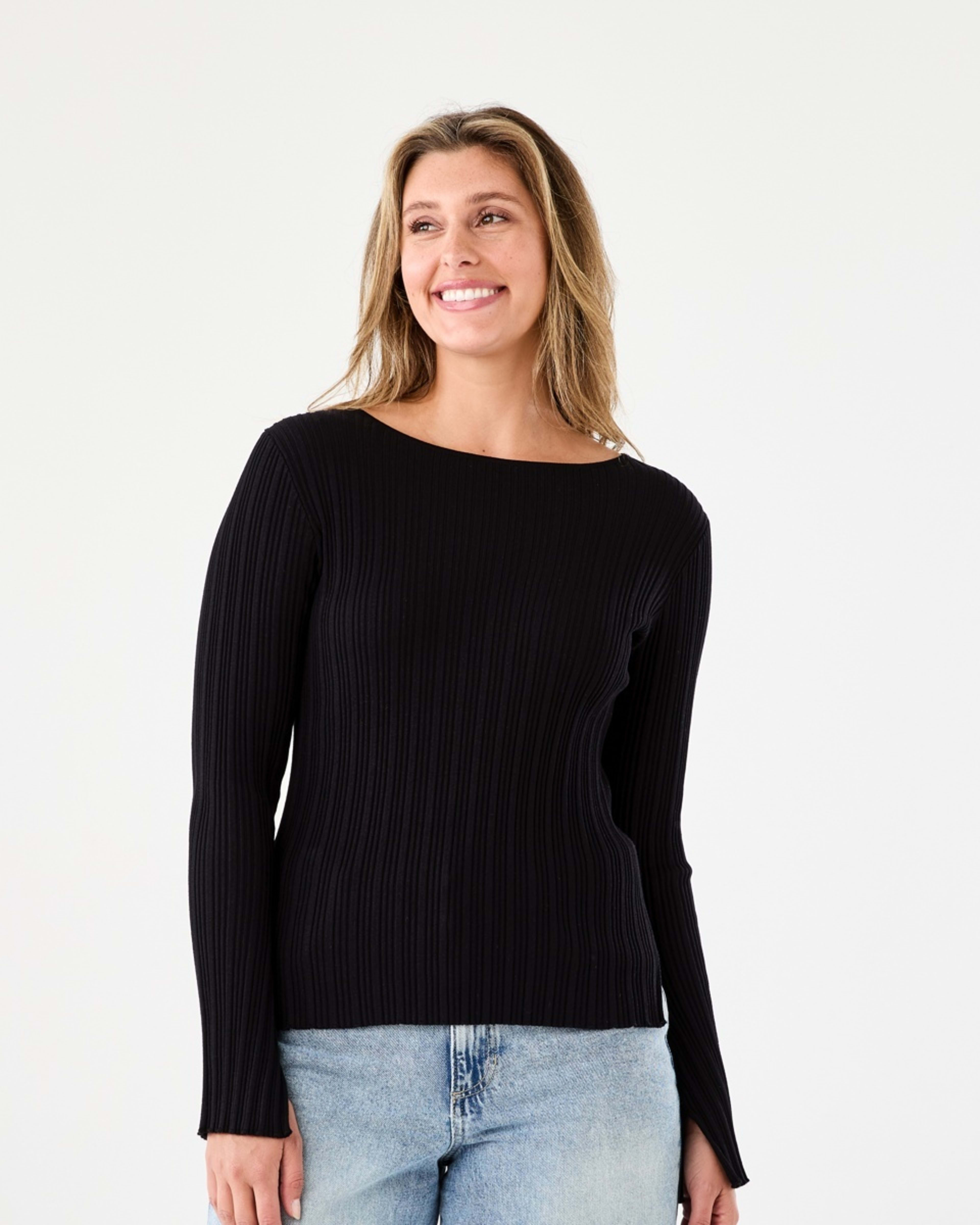 1 Long Sleeve Rib Boat Neck Top BLACK