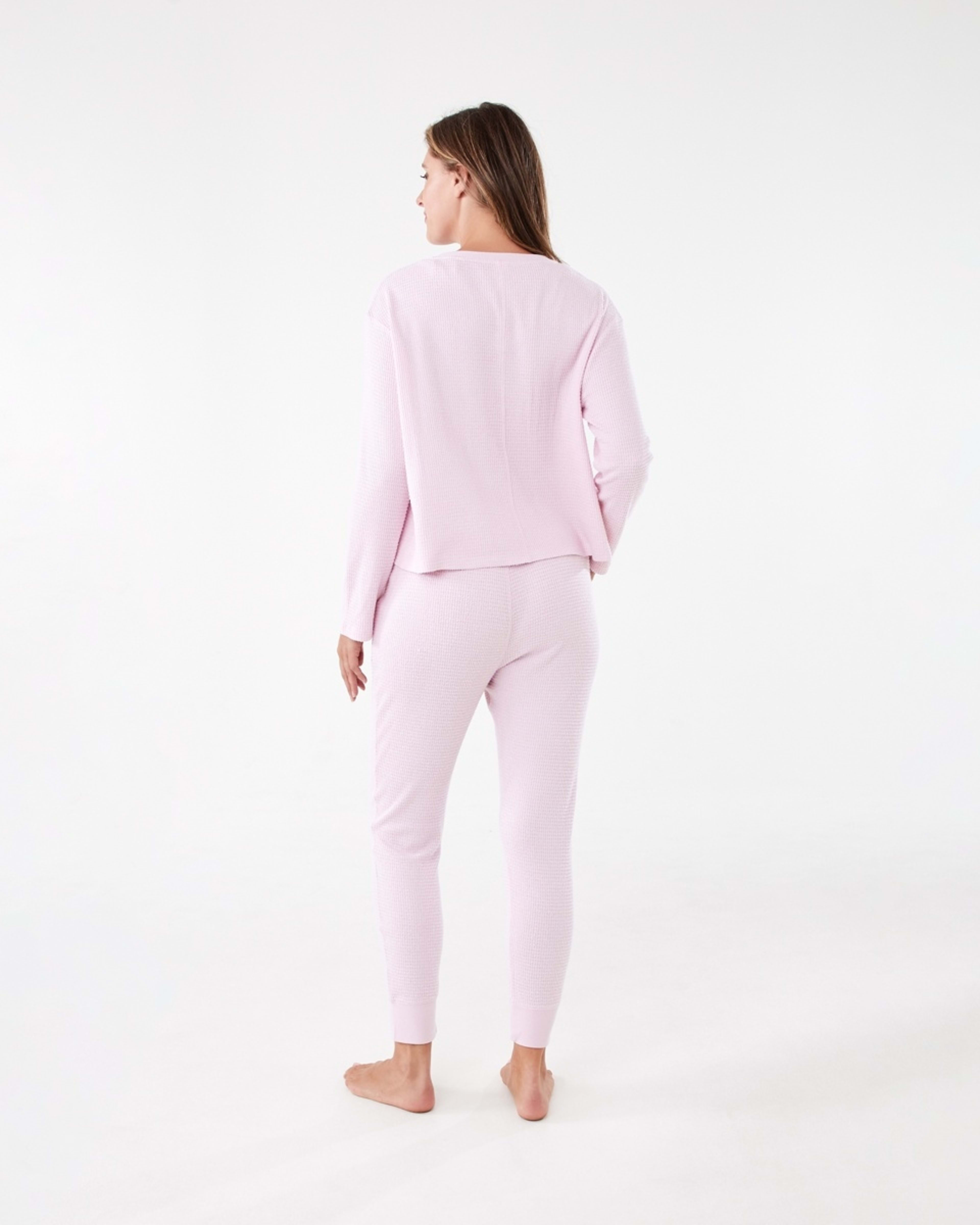 3 Waffle Long Sleeve Top and Pants Lounge Pyjama Set Pink Marle, 3 of 7