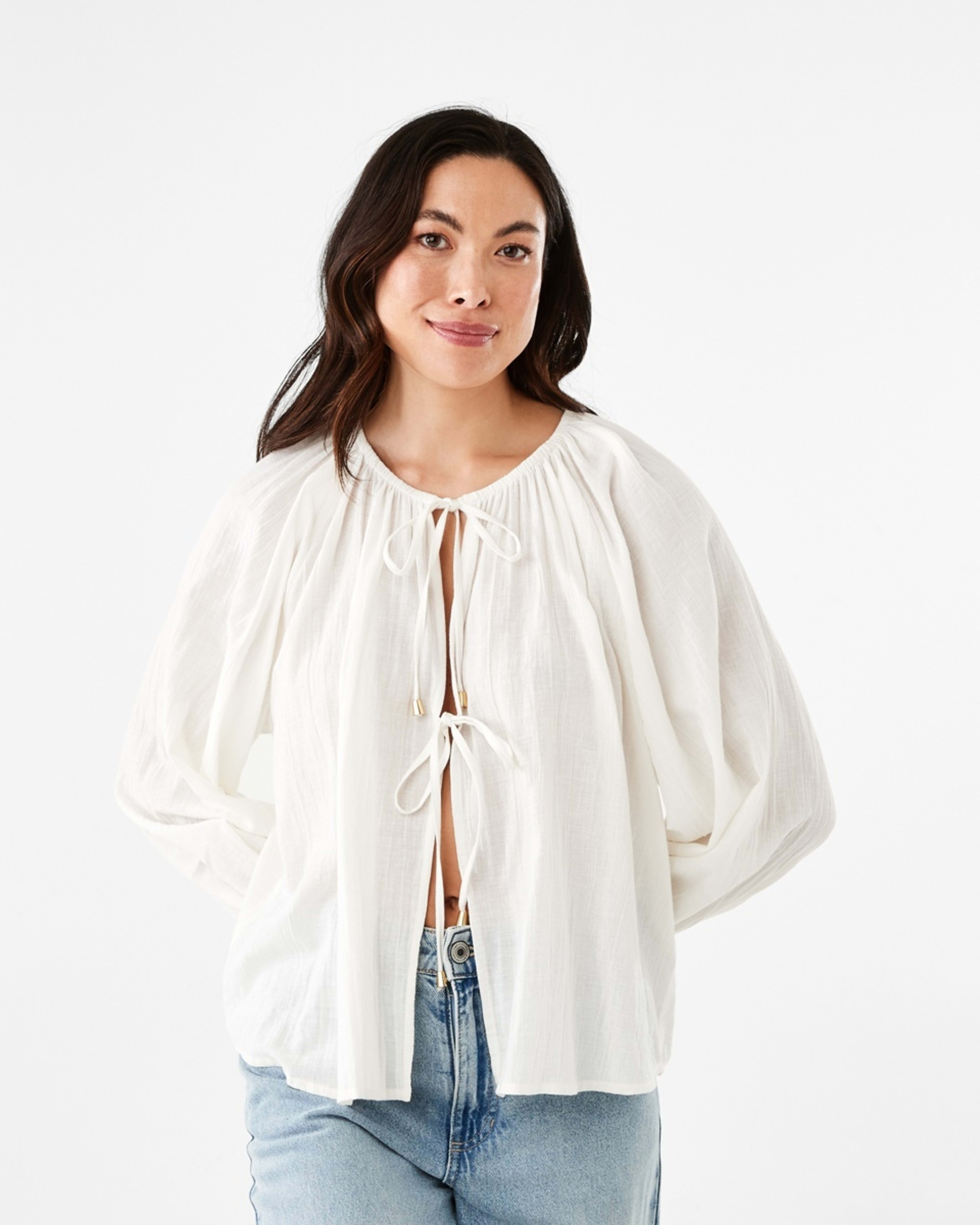1 Long Sleeve Peasant Tie Top Ecru