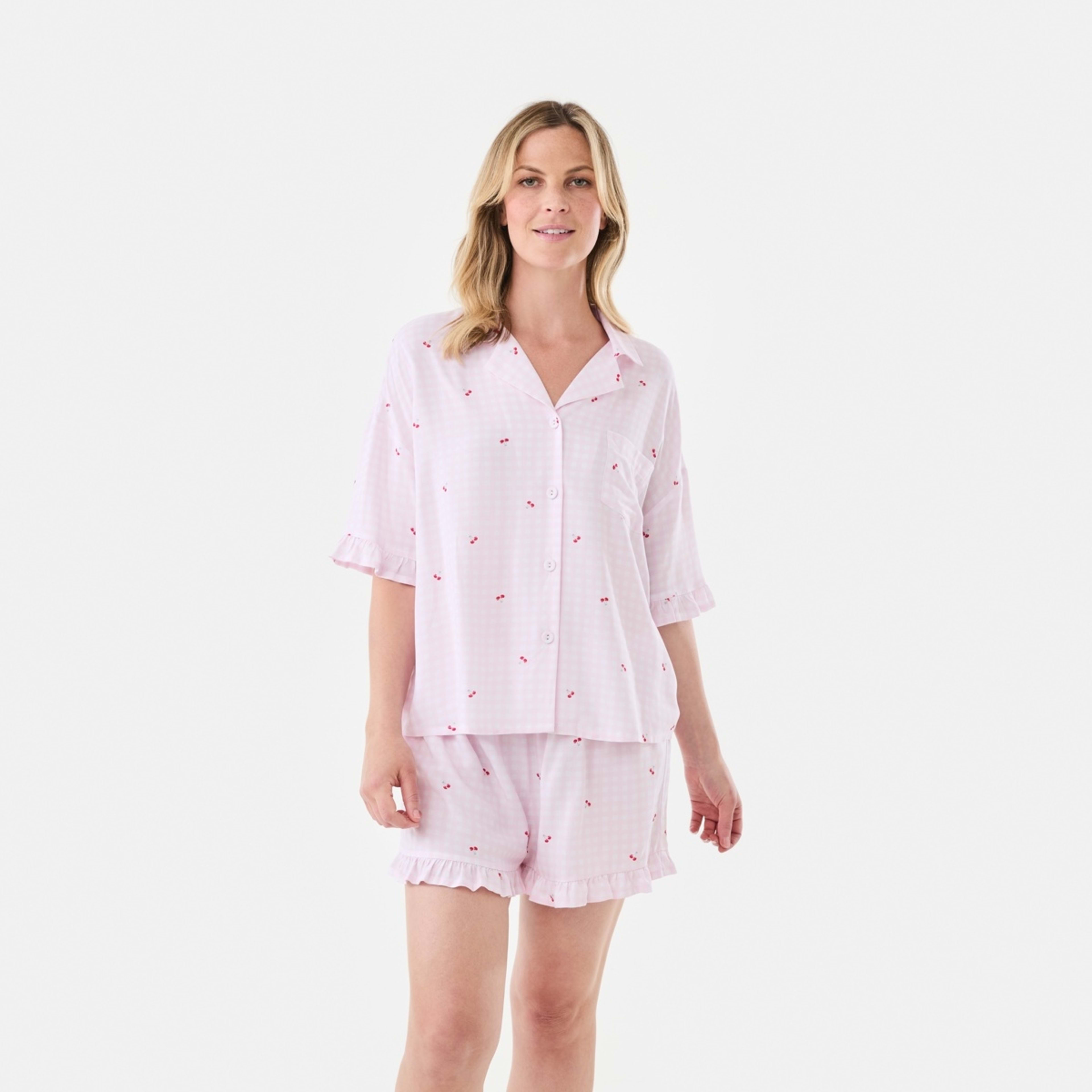 1 Woven Boxy Frill Short Sleeve Top and Shorts Pyjama Set Cherry Gingham Ballerina Pink, 1 of 10