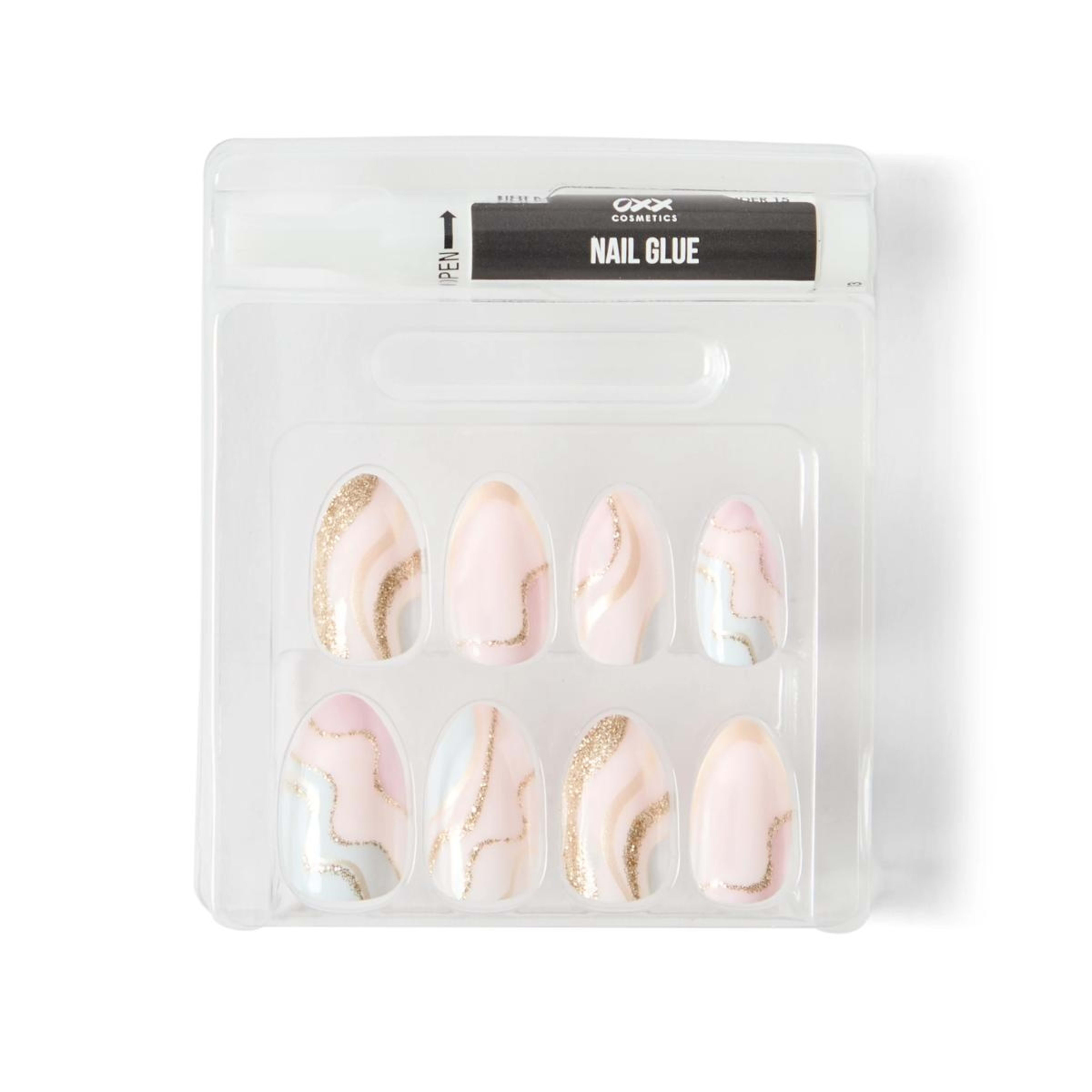 4 OXX Cosmetics 24 Pack Artificial Nails with Adhesive - Almond Shape, Pink and Gold Glitter, 4 of 4
