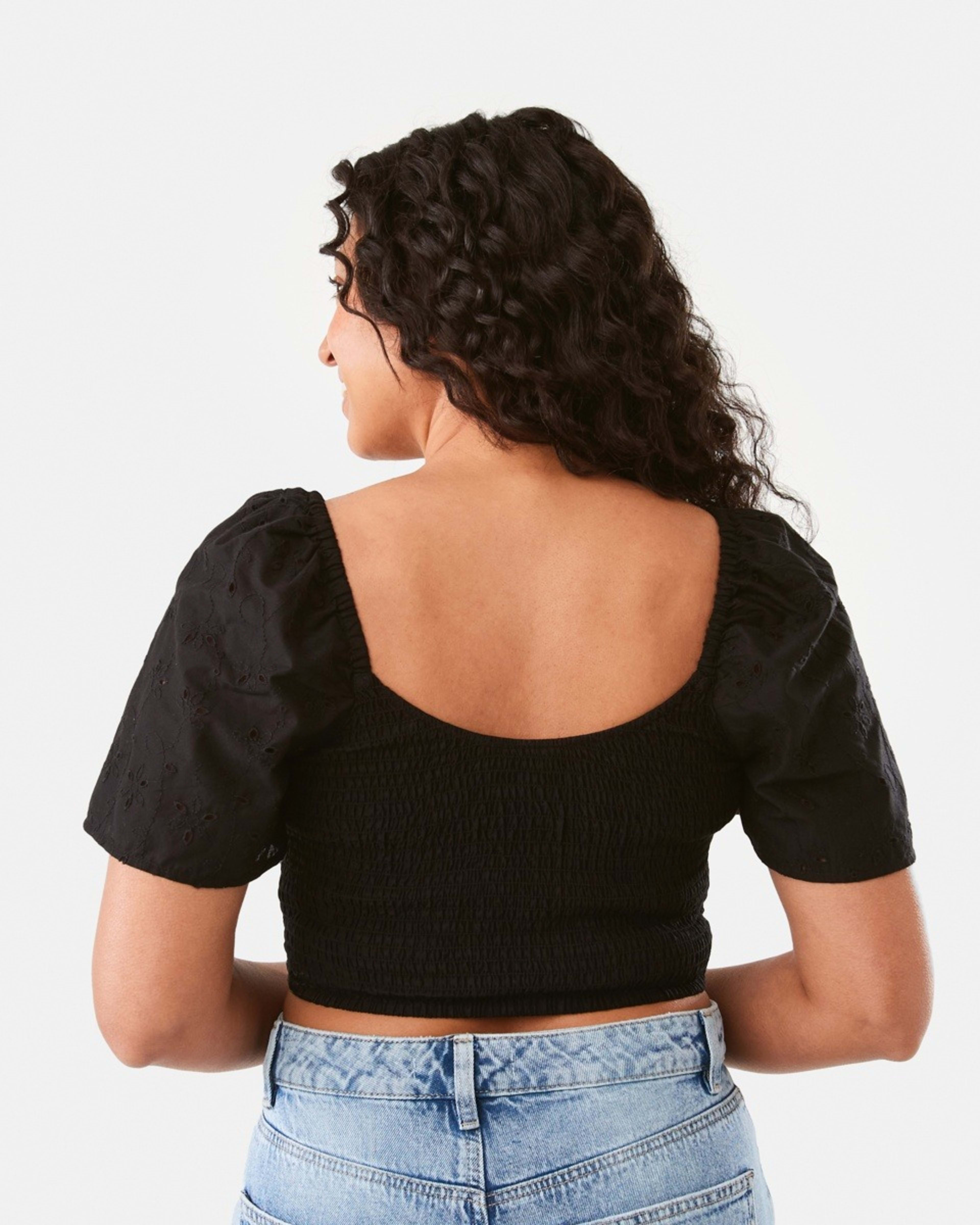 3 Short Sleeve Shirred Broderie Top Black, 3 of 6