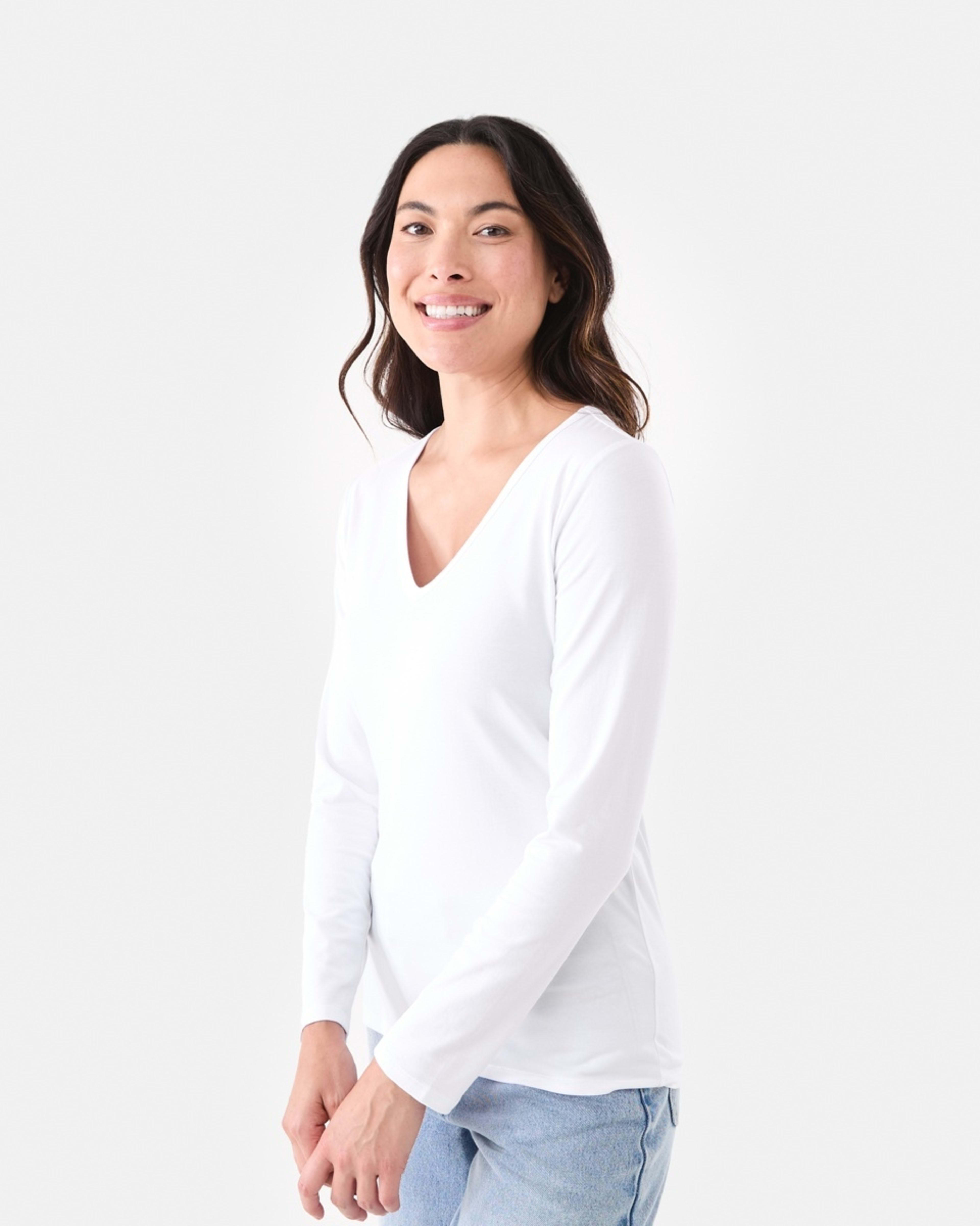 2 Long Sleeve Stretch V-Neck T-shirt White, 2 of 5