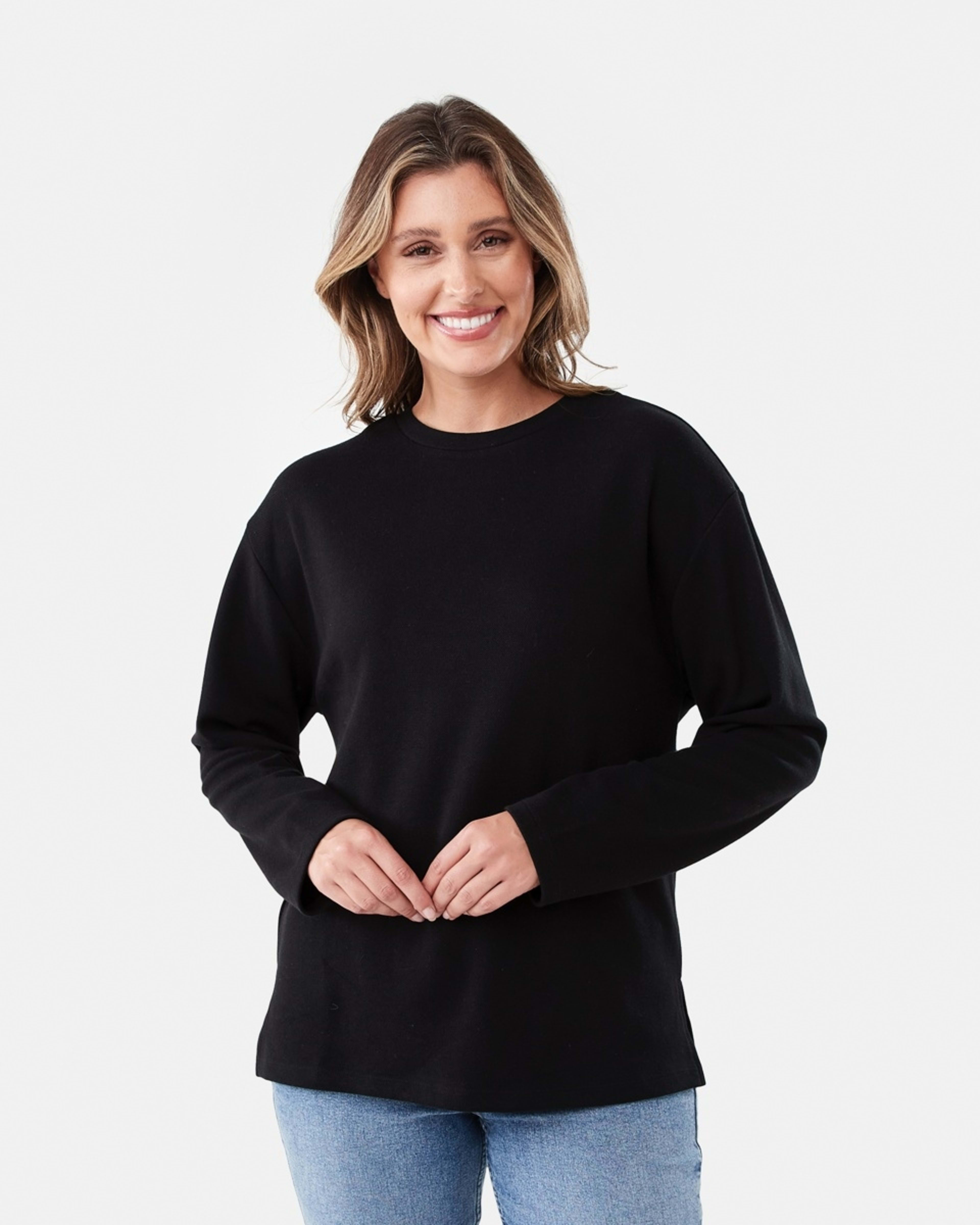 1 Long Sleeve Pique Top Black