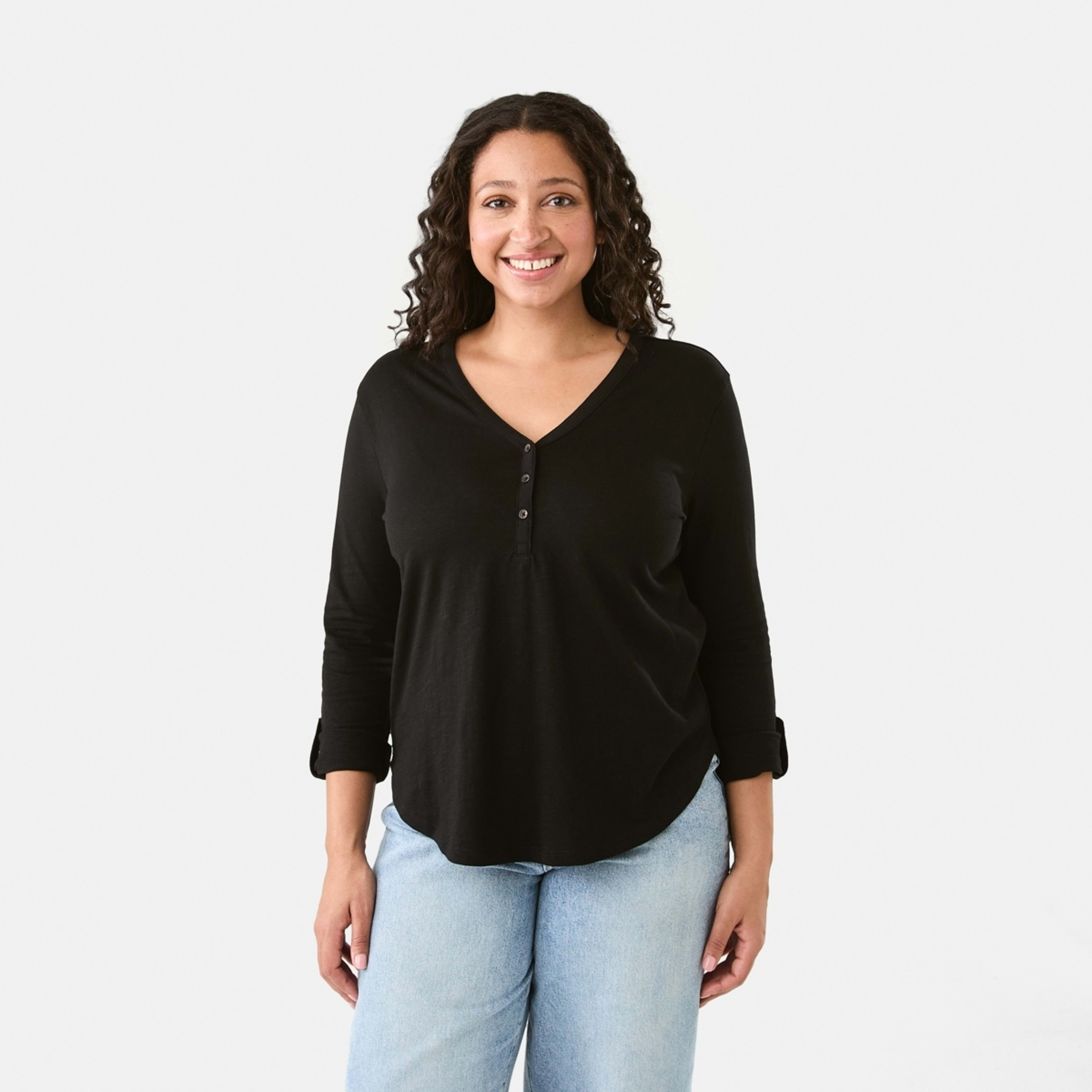 4 Long Sleeve Textured Button Front Top Black, 4 of 9