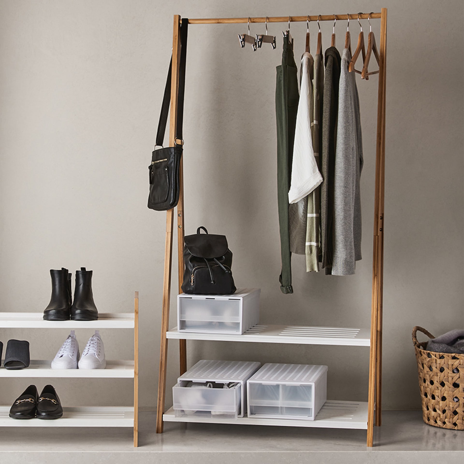 Bamboo Garment Rack with White Shelves - Kmart