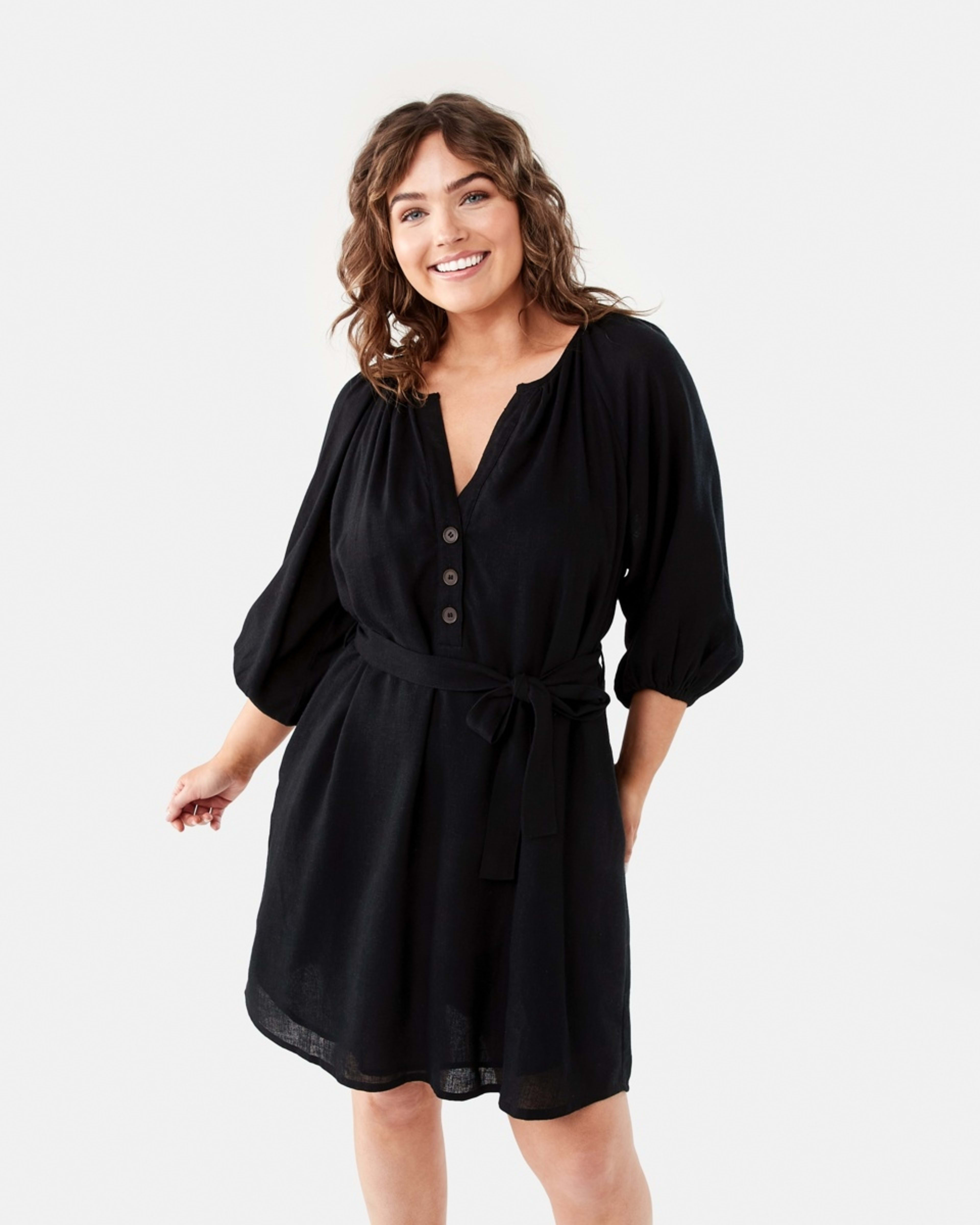 1 Elbow Sleeve Linen Blend Mini Dress BLACK, 1 of 10