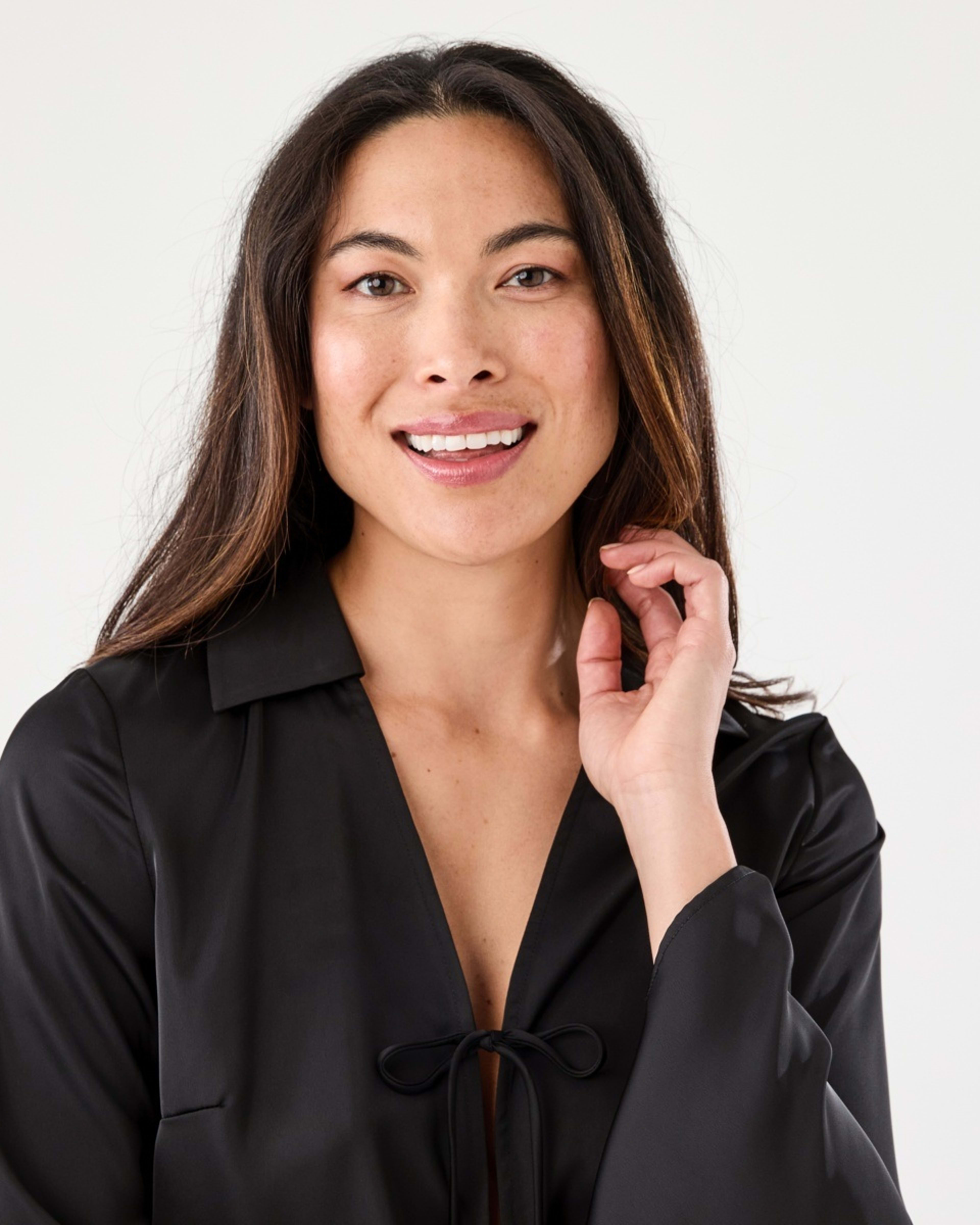 4 Long Sleeve Satin Tie Front Top Black, 4 of 7