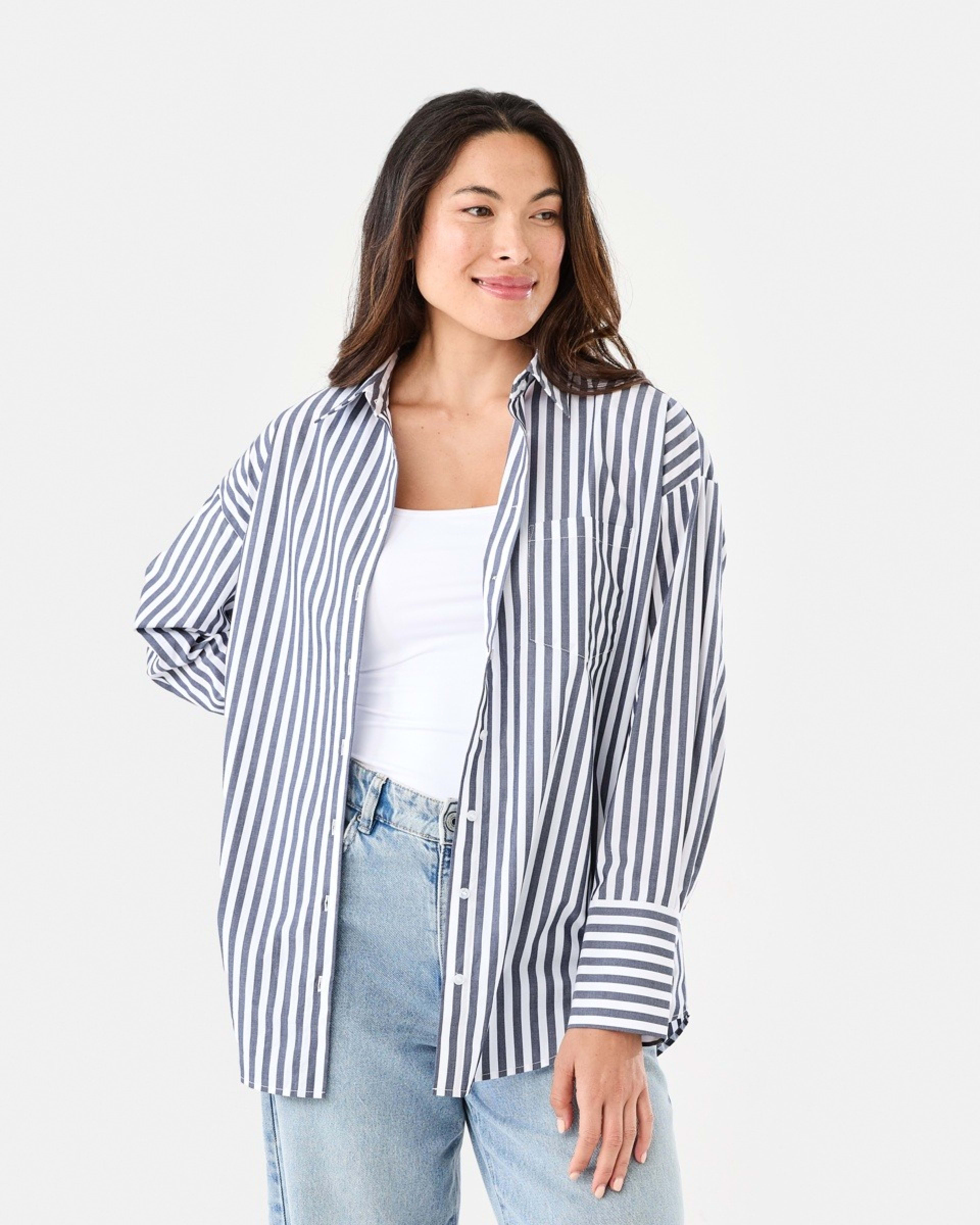 1 Long Sleeve Oversized Cotton Shirt Navy Strpe, 1 of 8