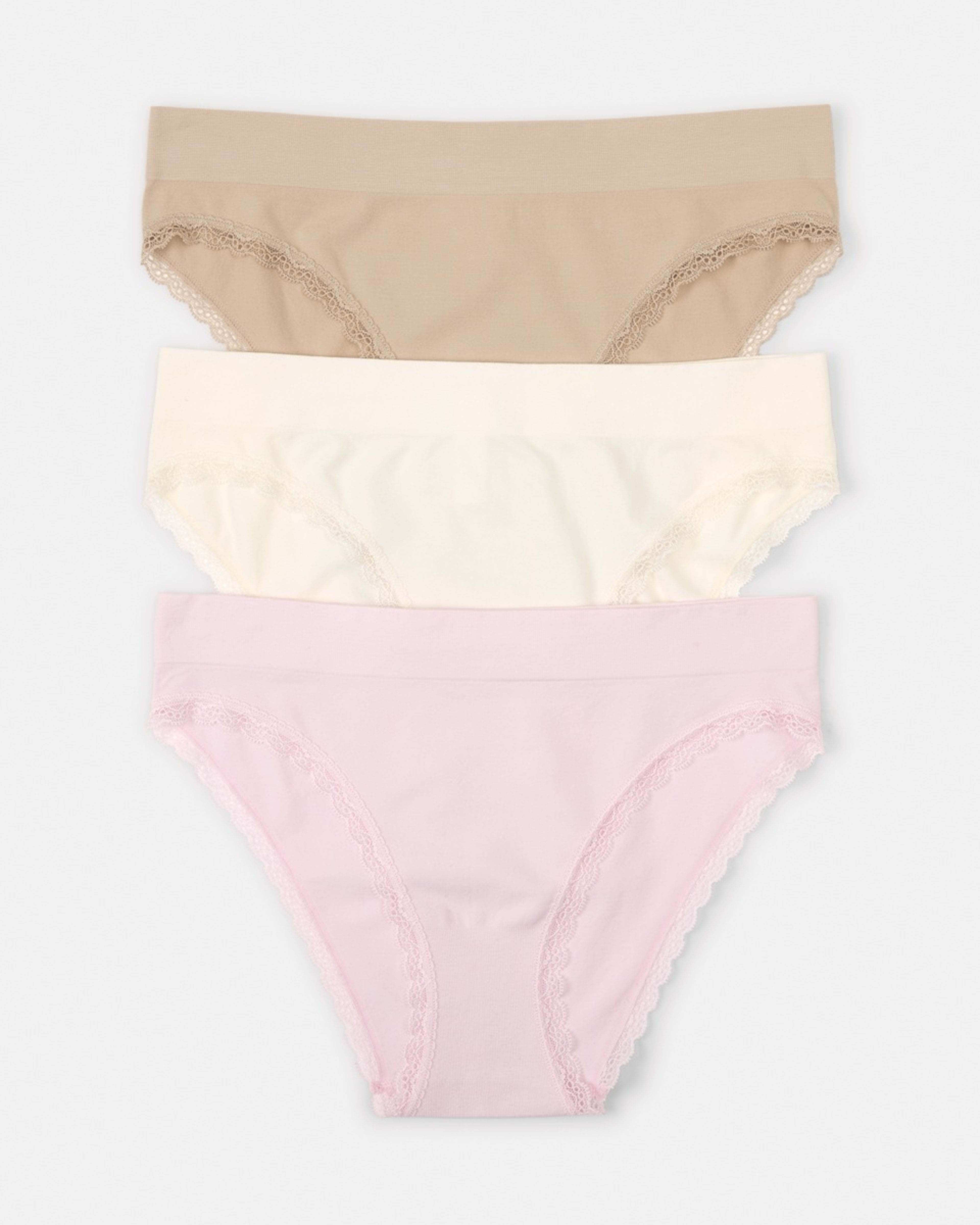 1 3 Pack Seamfree Bamboo Lace Bikini Briefs PINK CHALK, WHISPER WHITE, LIGHT FAWN