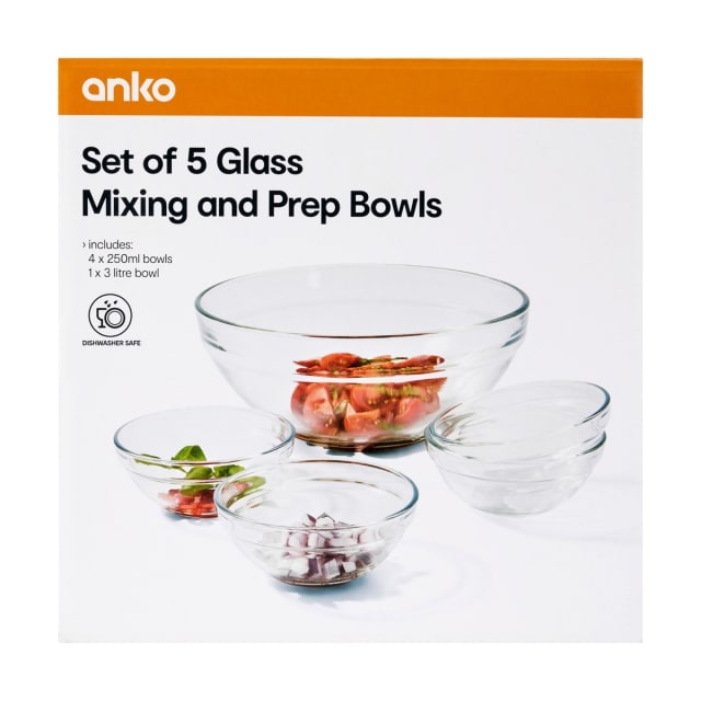 Set of 5 Glass Mixing and Prep Bowls Kmart NZ
