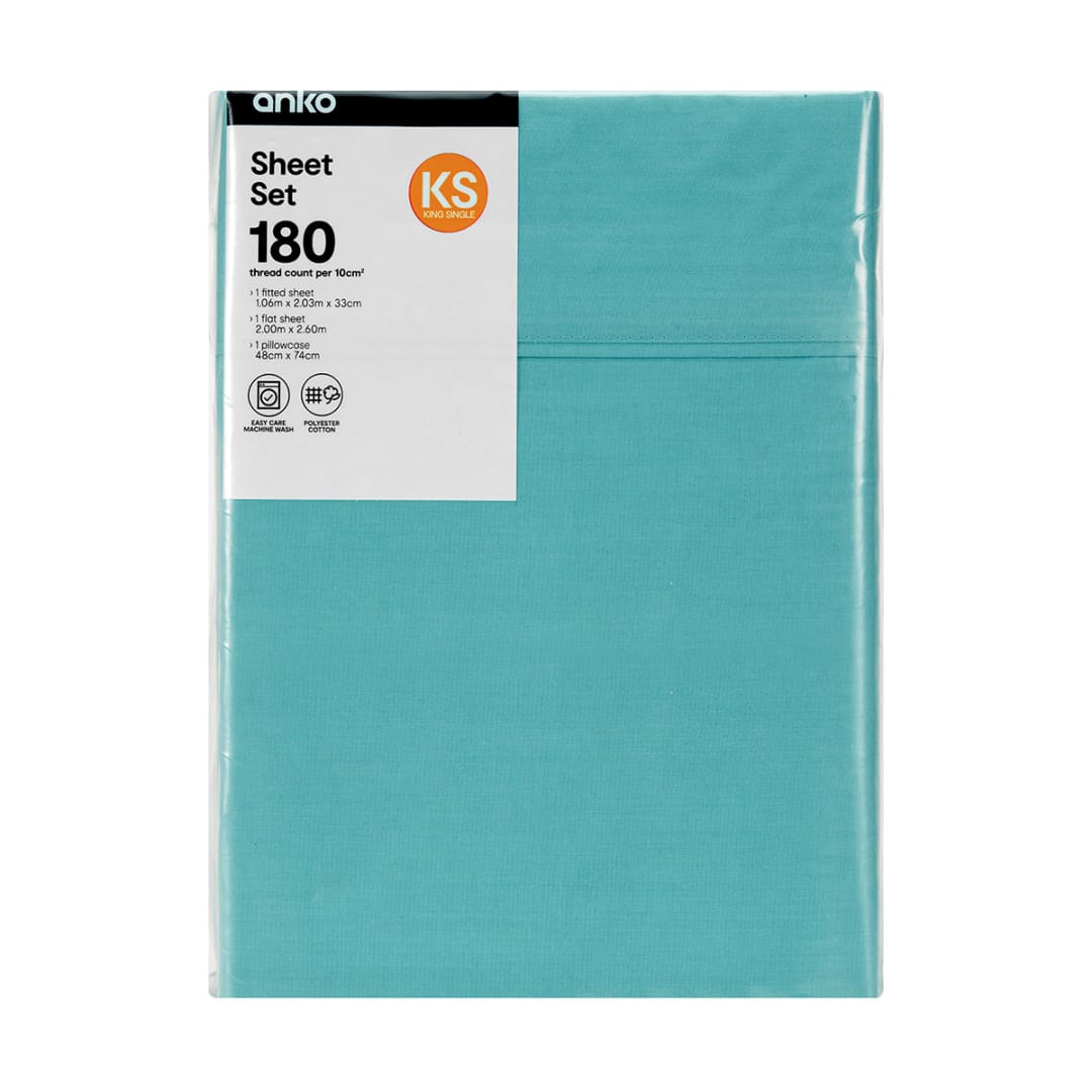 180 Thread Count Sheet Set King Single Bed, Aqua Kmart