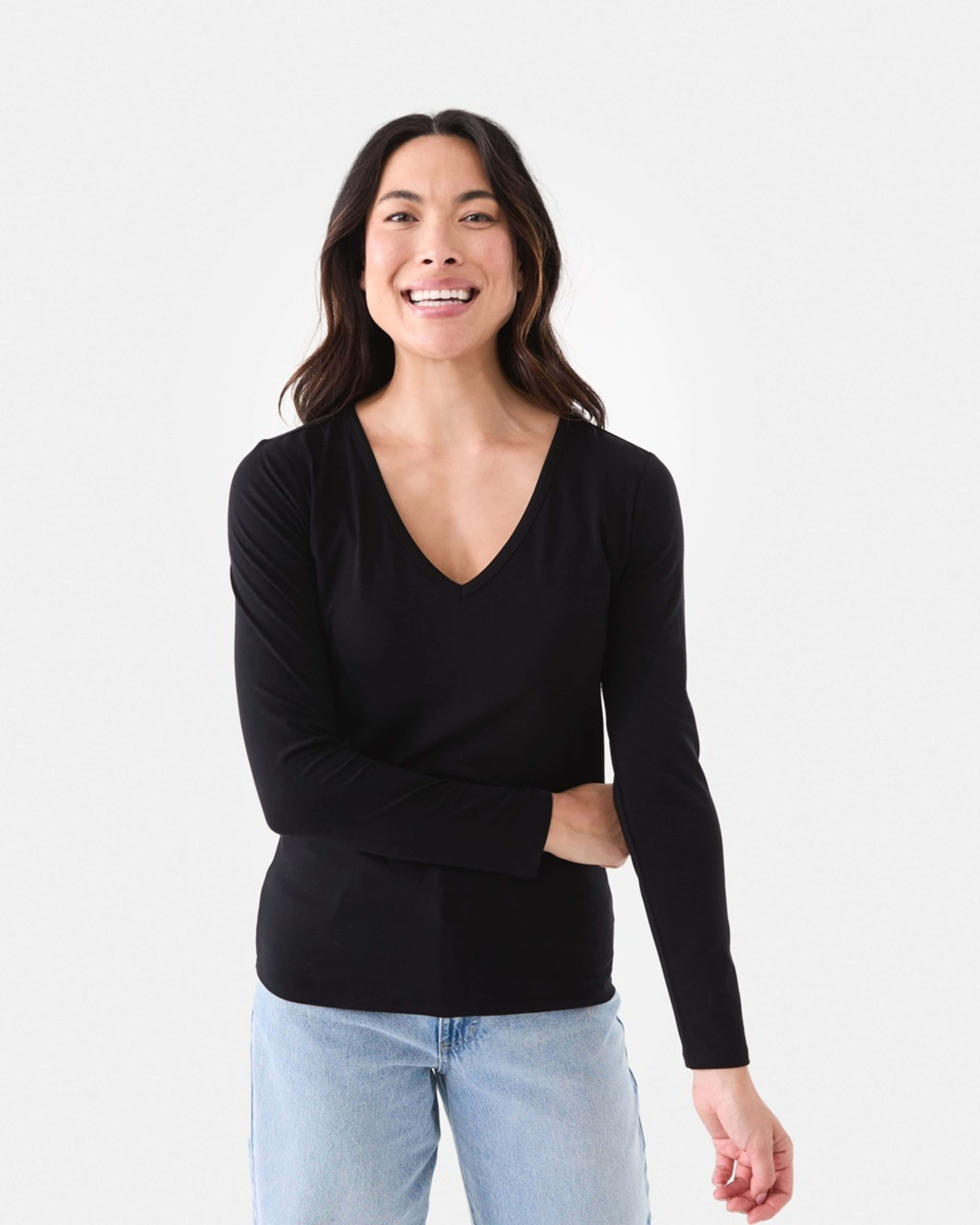 1 Long Sleeve Stretch V-Neck T-shirt Black
