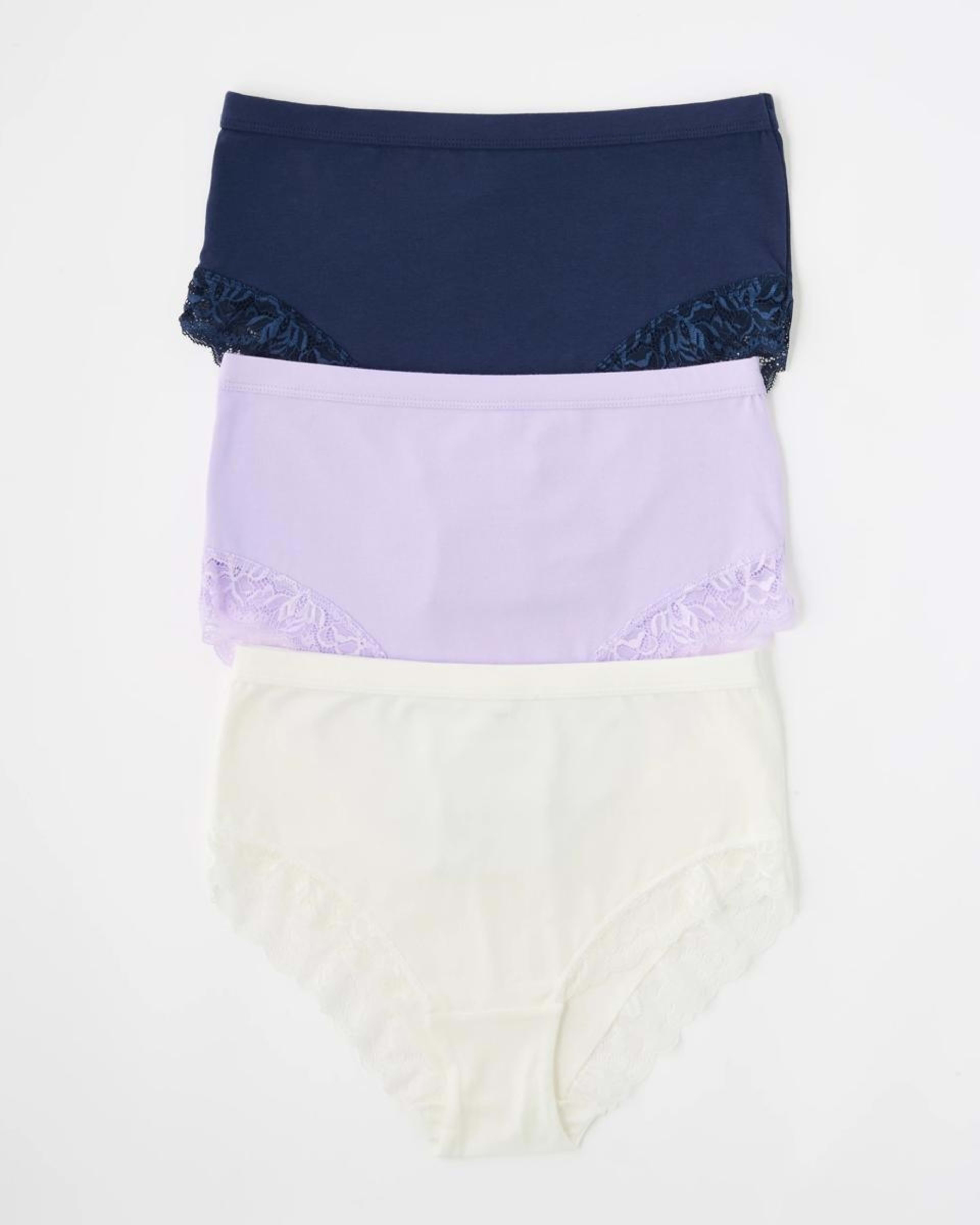 1 3 Pack Lace Trim Cotton Full Briefs BRIGHT LAVENDER, CLOUD DANCER, DEEP NAVY, 1 of 7