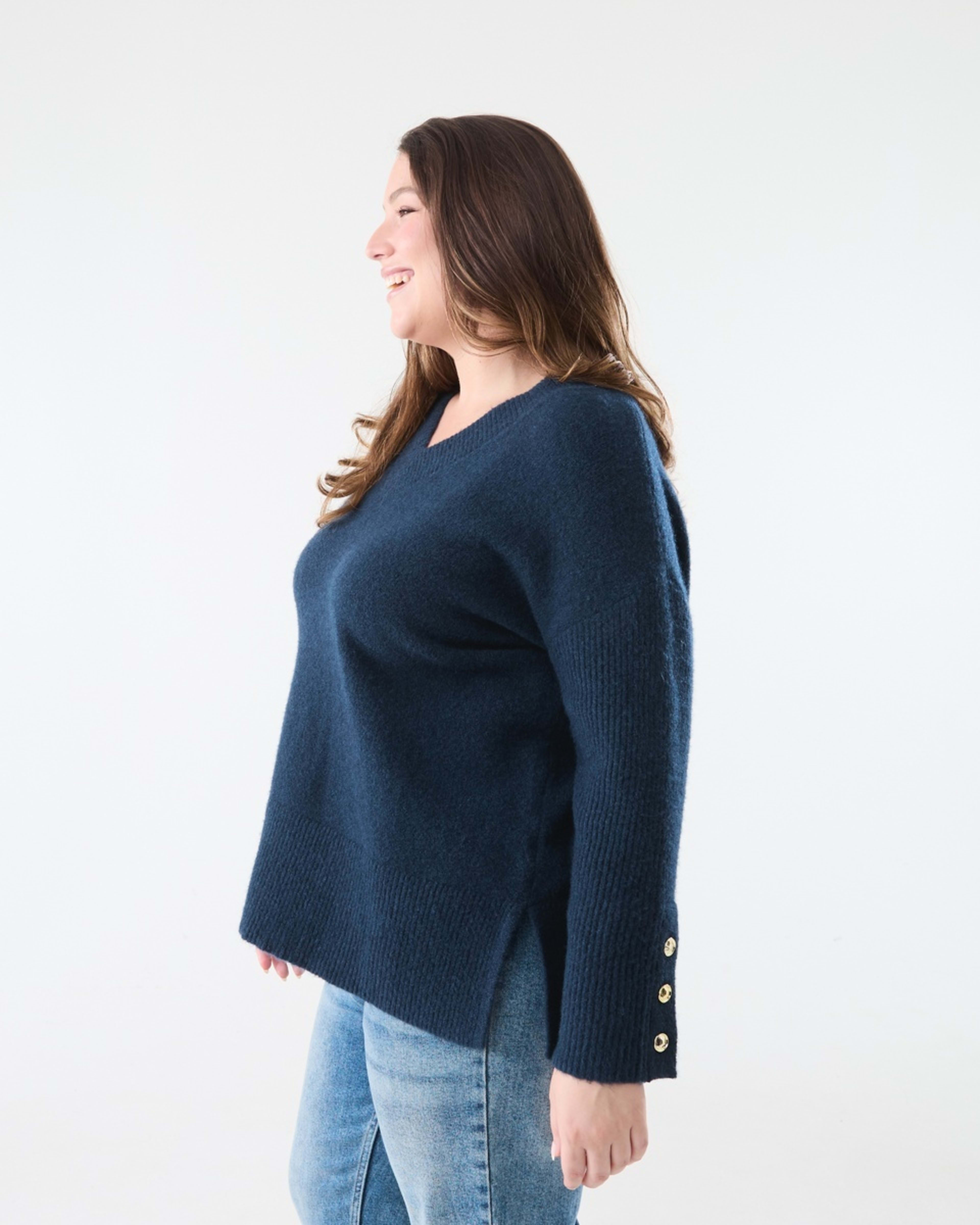 2 Curve Button Detail V-Neck Jumper Navy Blazer, 2 of 6