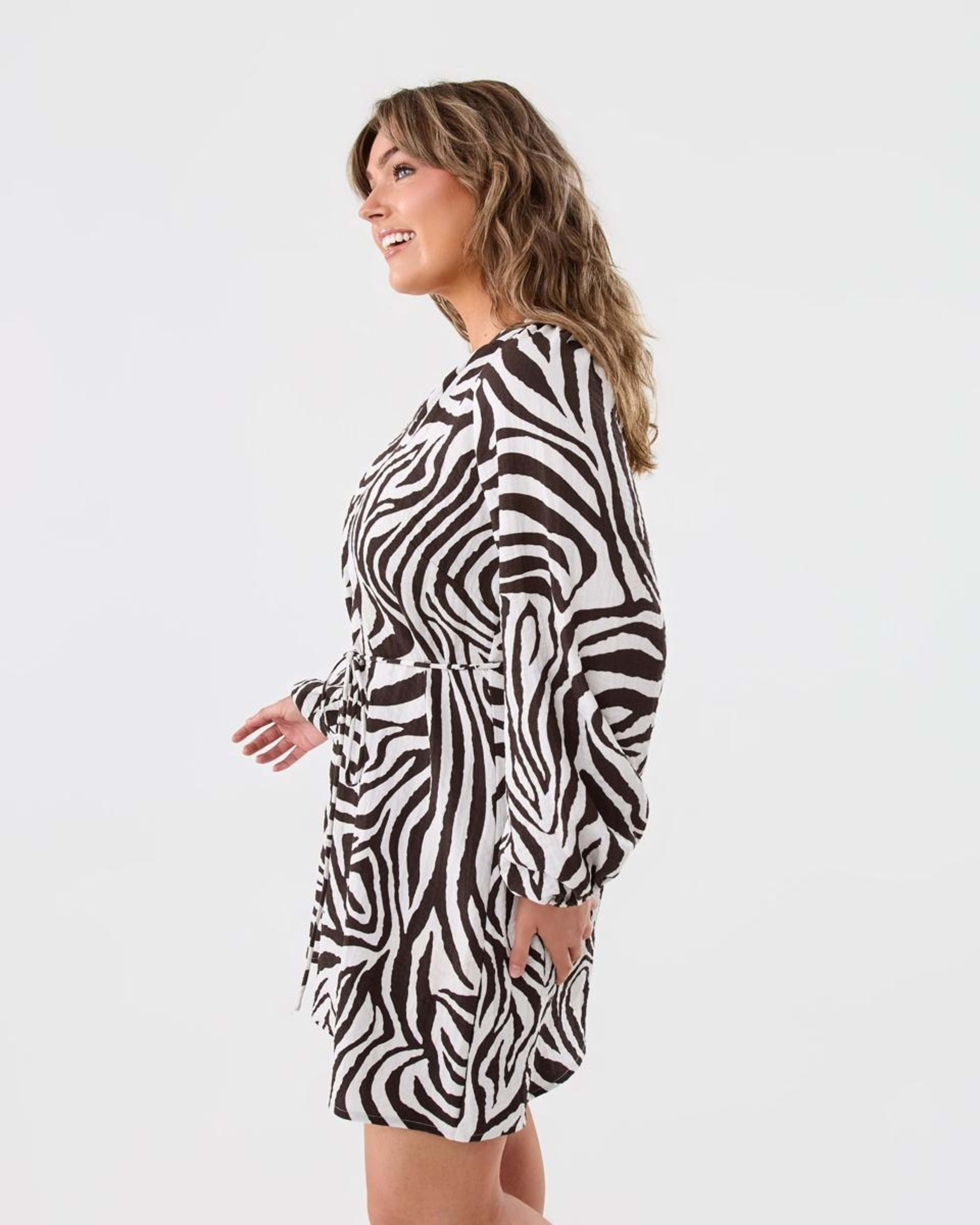 2 Long Sleeve Textured Tie Mini Dress Zebra, 2 of 8