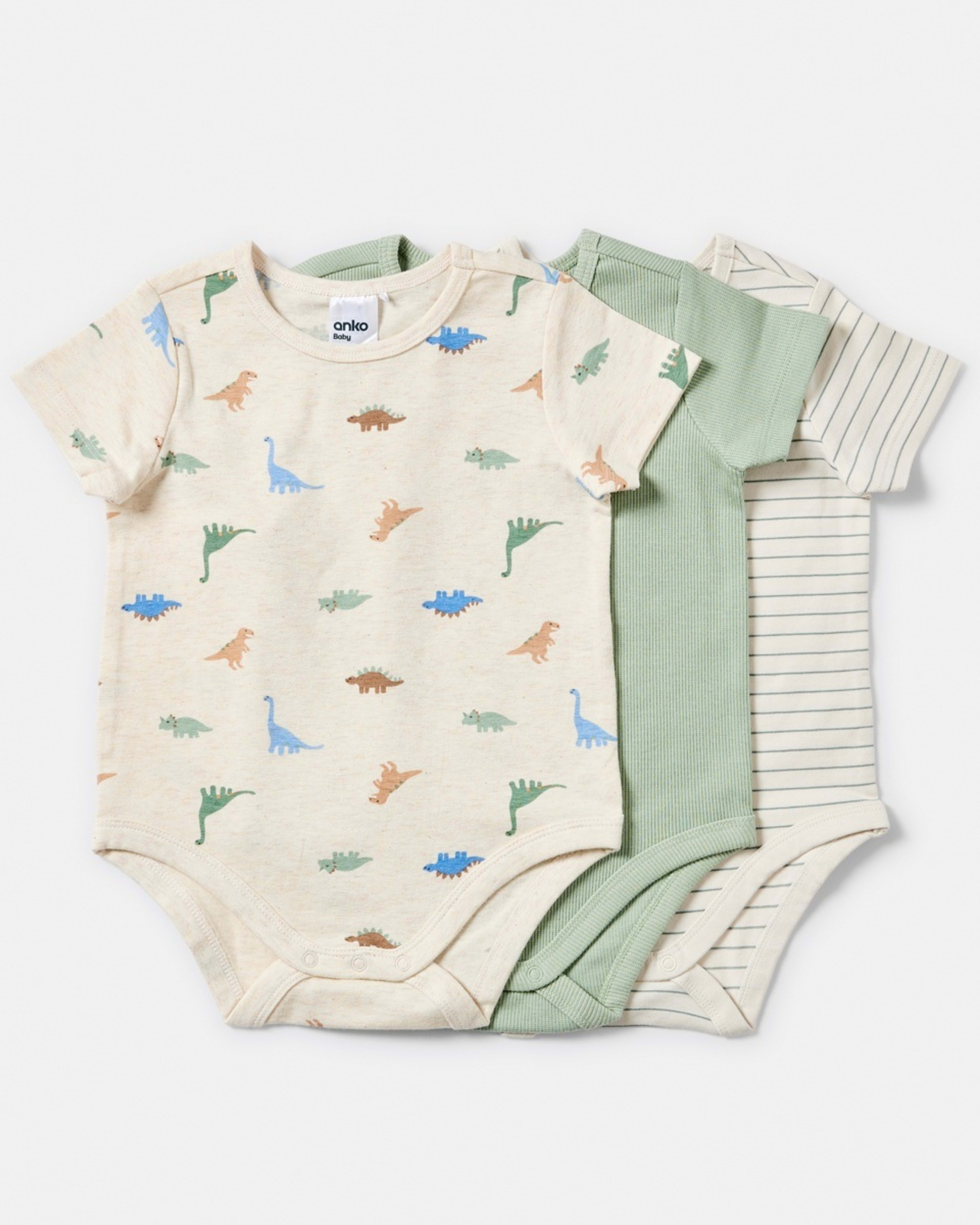 1 3 Pack Short Sleeve Print Bodysuits GREEN DINOS, 1 of 8