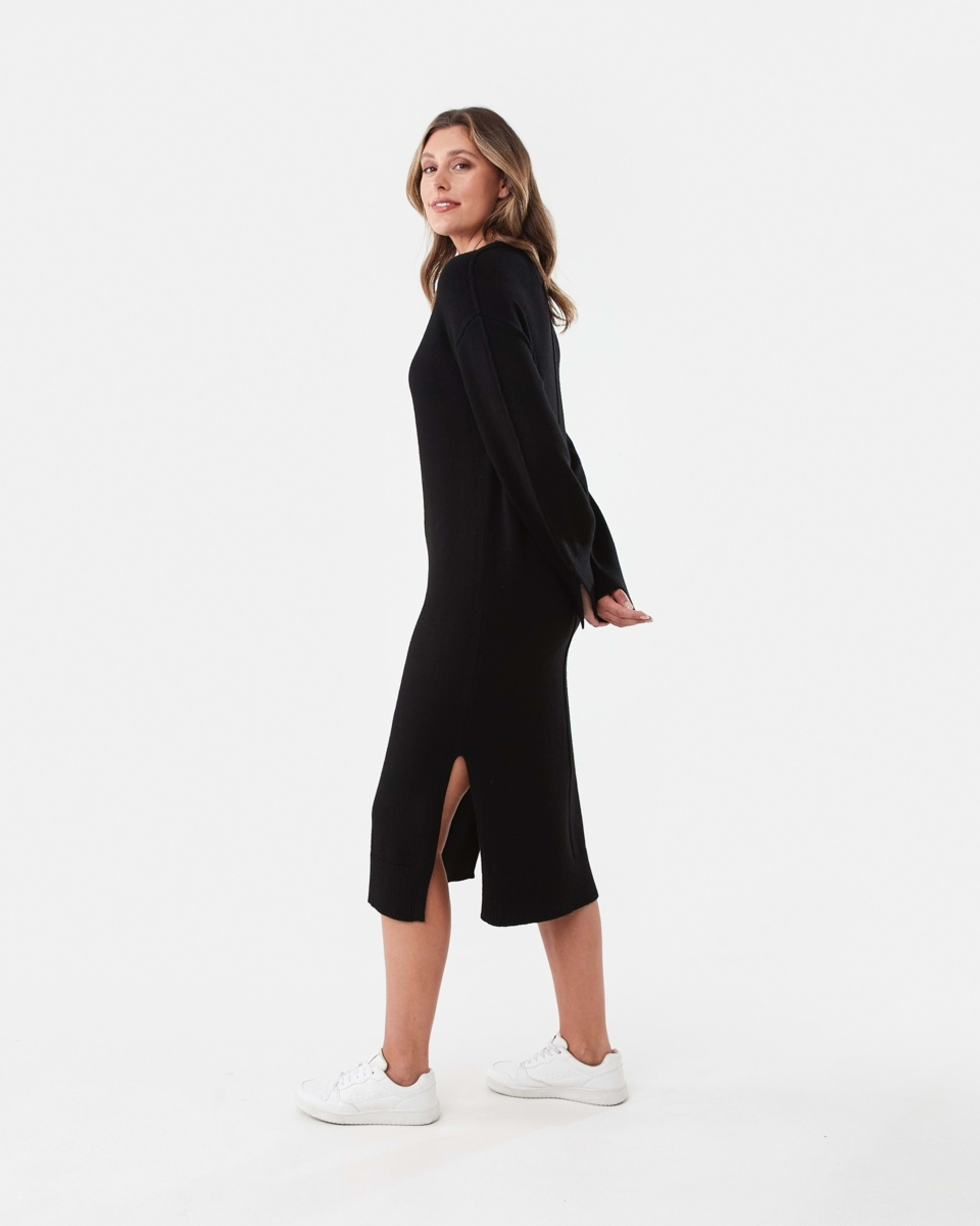 2 Long Sleeve Crew Neck Seam Detail True Knit Midi Dress Black, 2 of 7