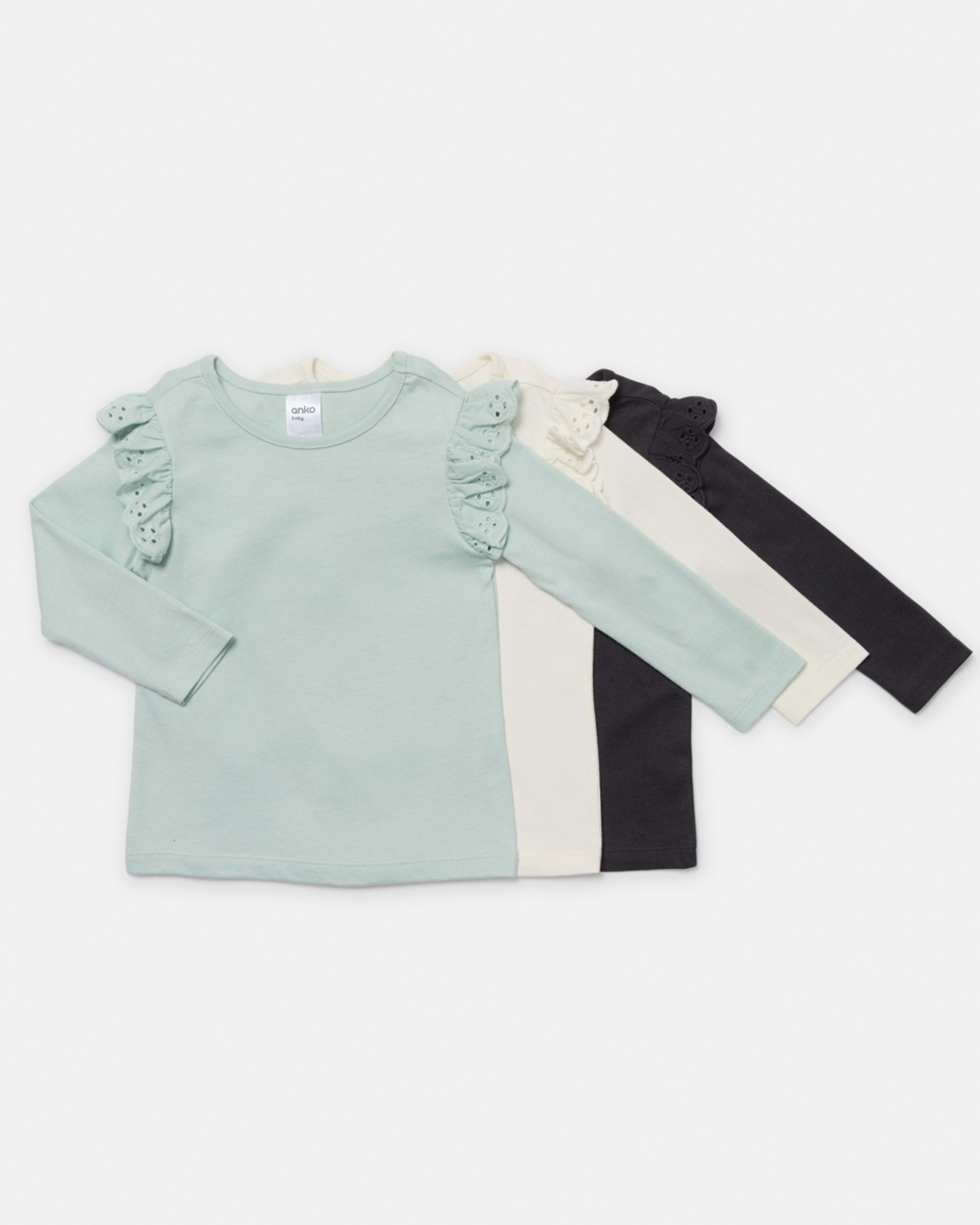 1 3 Pack Long Sleeve Broderie T-shirt Green Grey