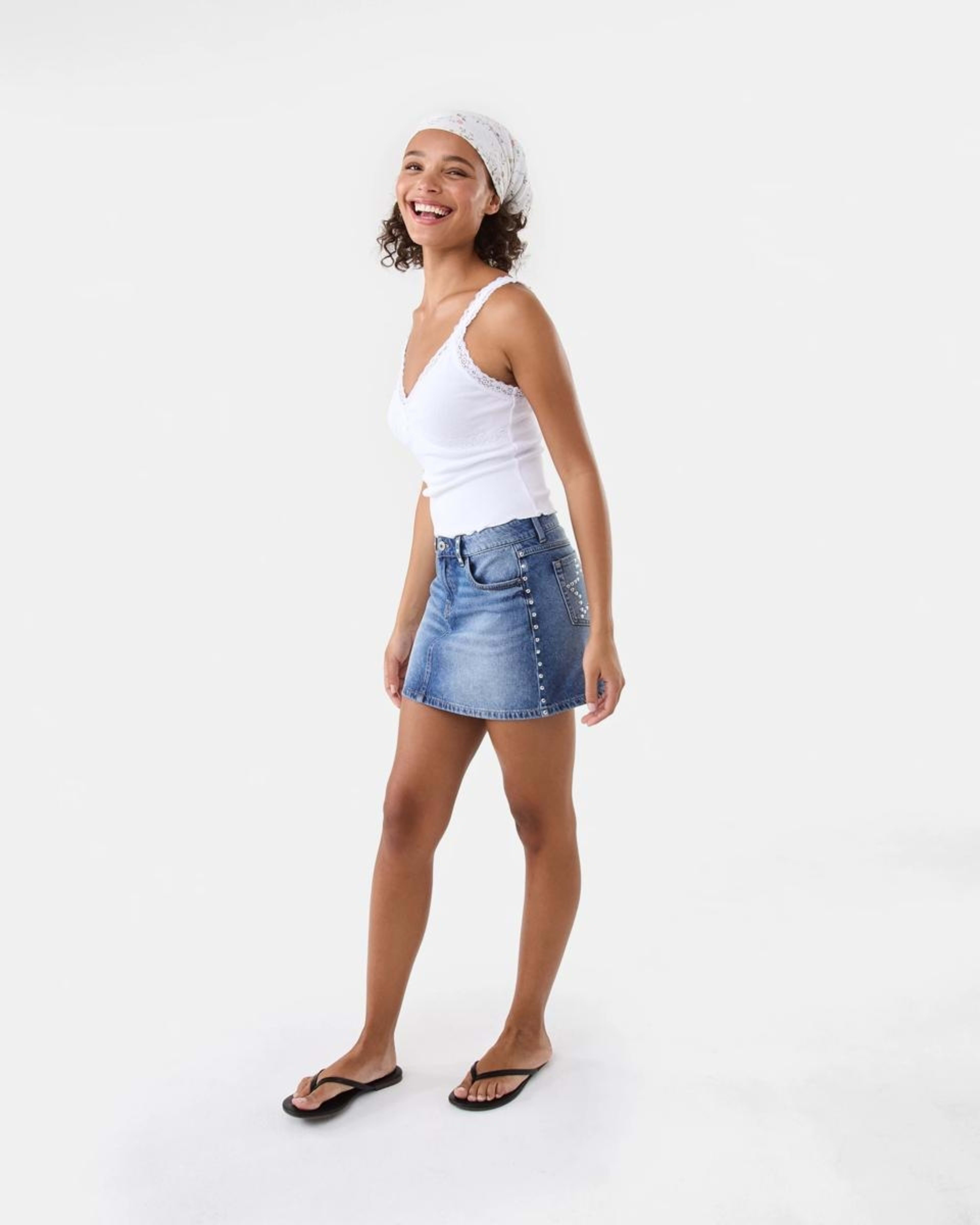 5 Star Studded Denim Mini Skirt Mid Wash, 5 of 9