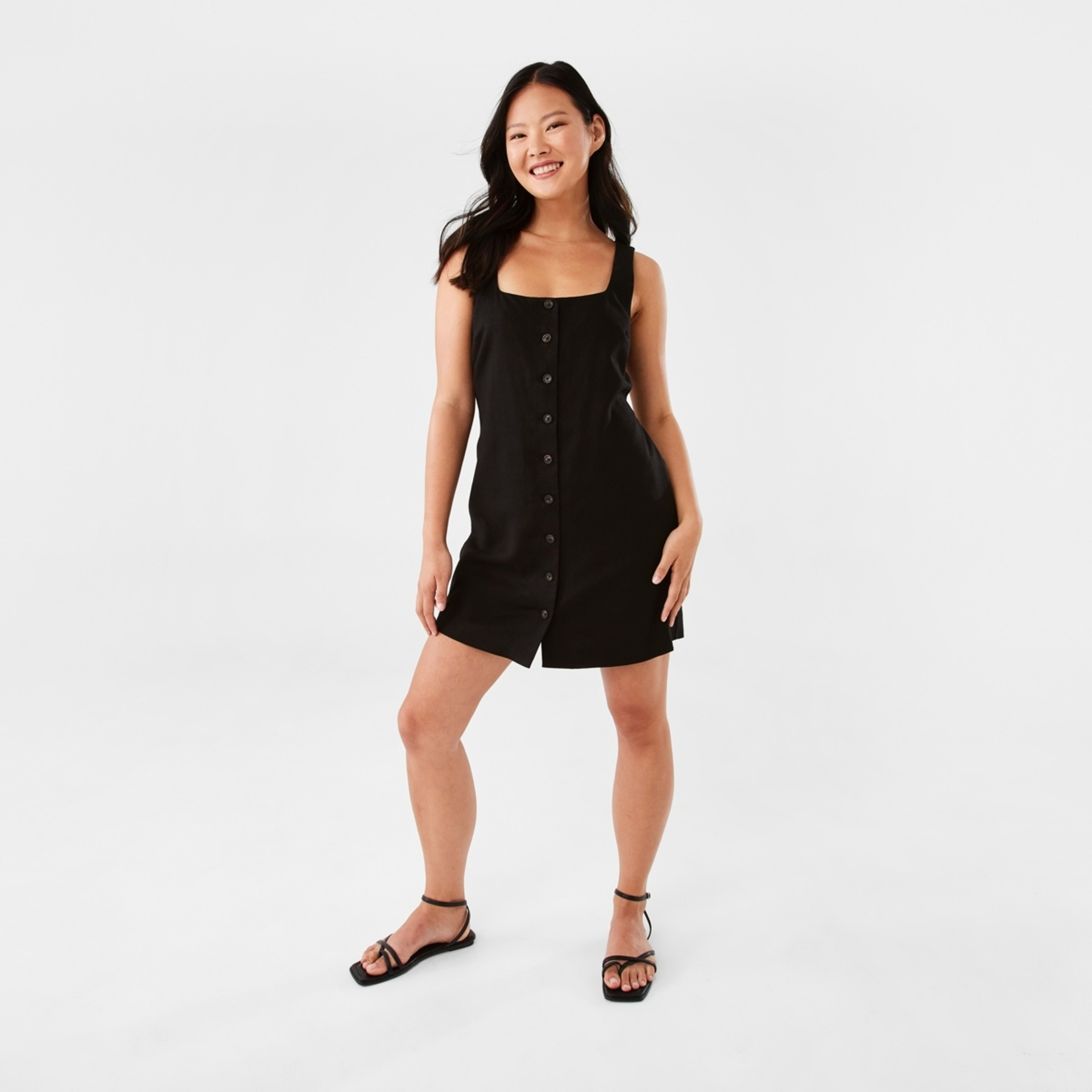 2 Sleeveless Linen Blend Button Mini Dress Black, 2 of 8