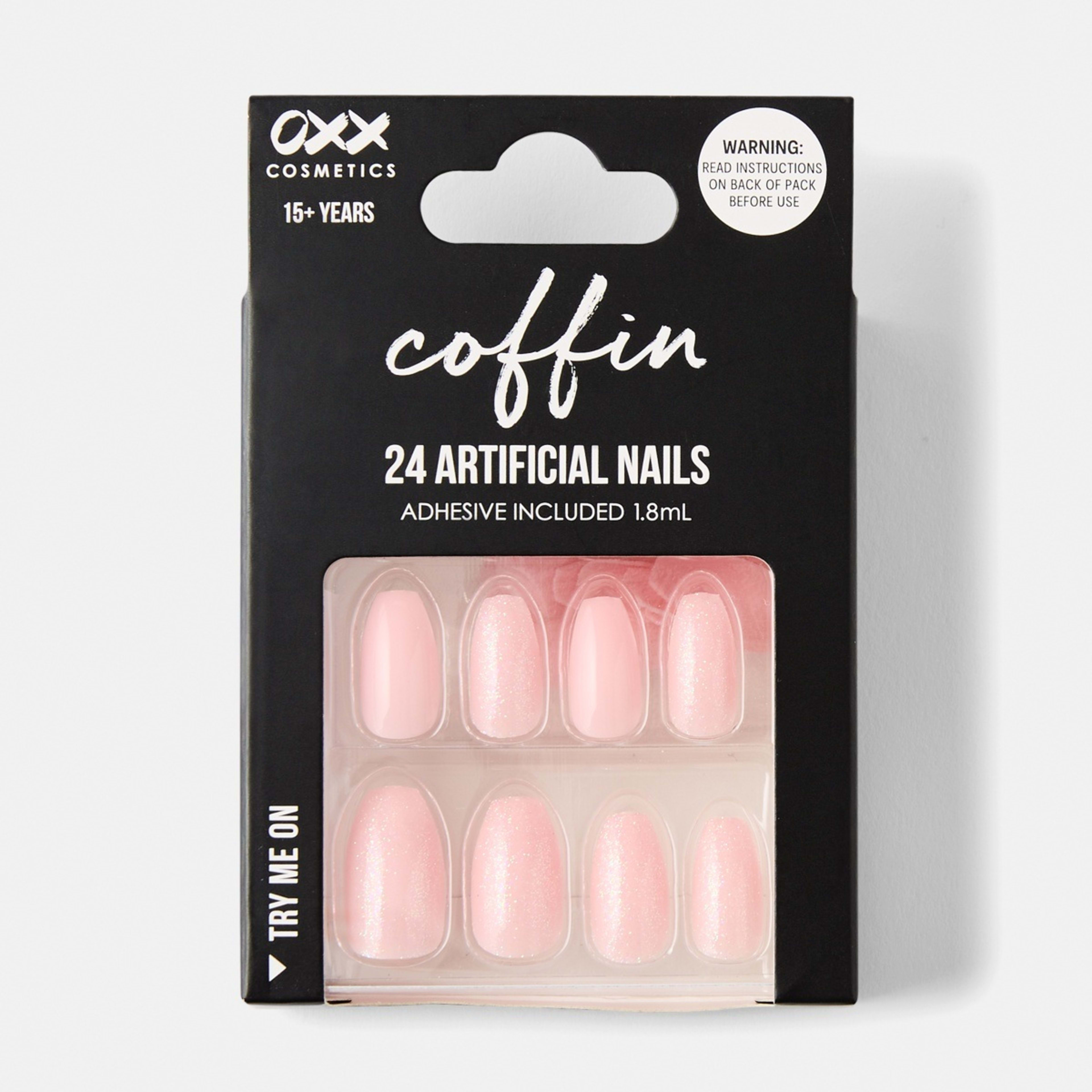 1 OXX Cosmetics 24 Pack Artificial Nails with Adhesive - Coffin Shape, Pink Shimmer, 1 of 5