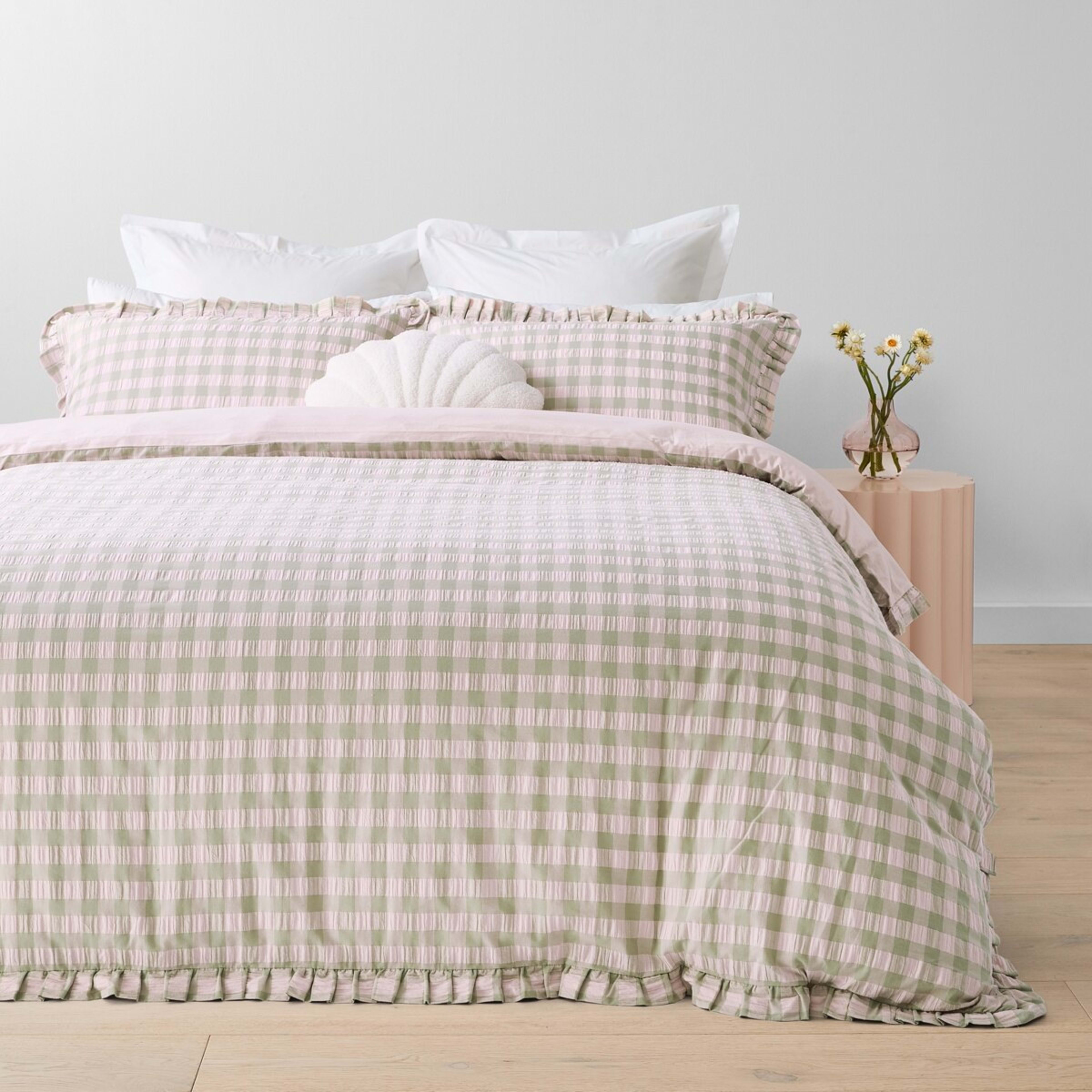 1 Gingham Ruffle Cotton Quilt Cover Set - Queen Bed, Sage and Pink