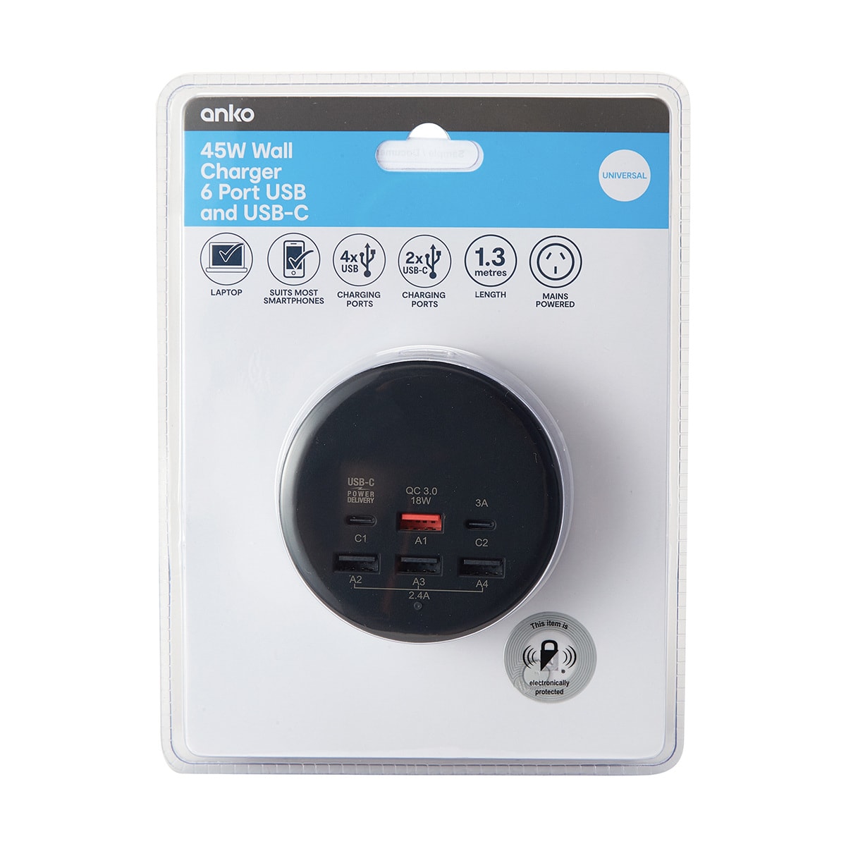 45W Wall Charger 6 Port USB and USBC Kmart