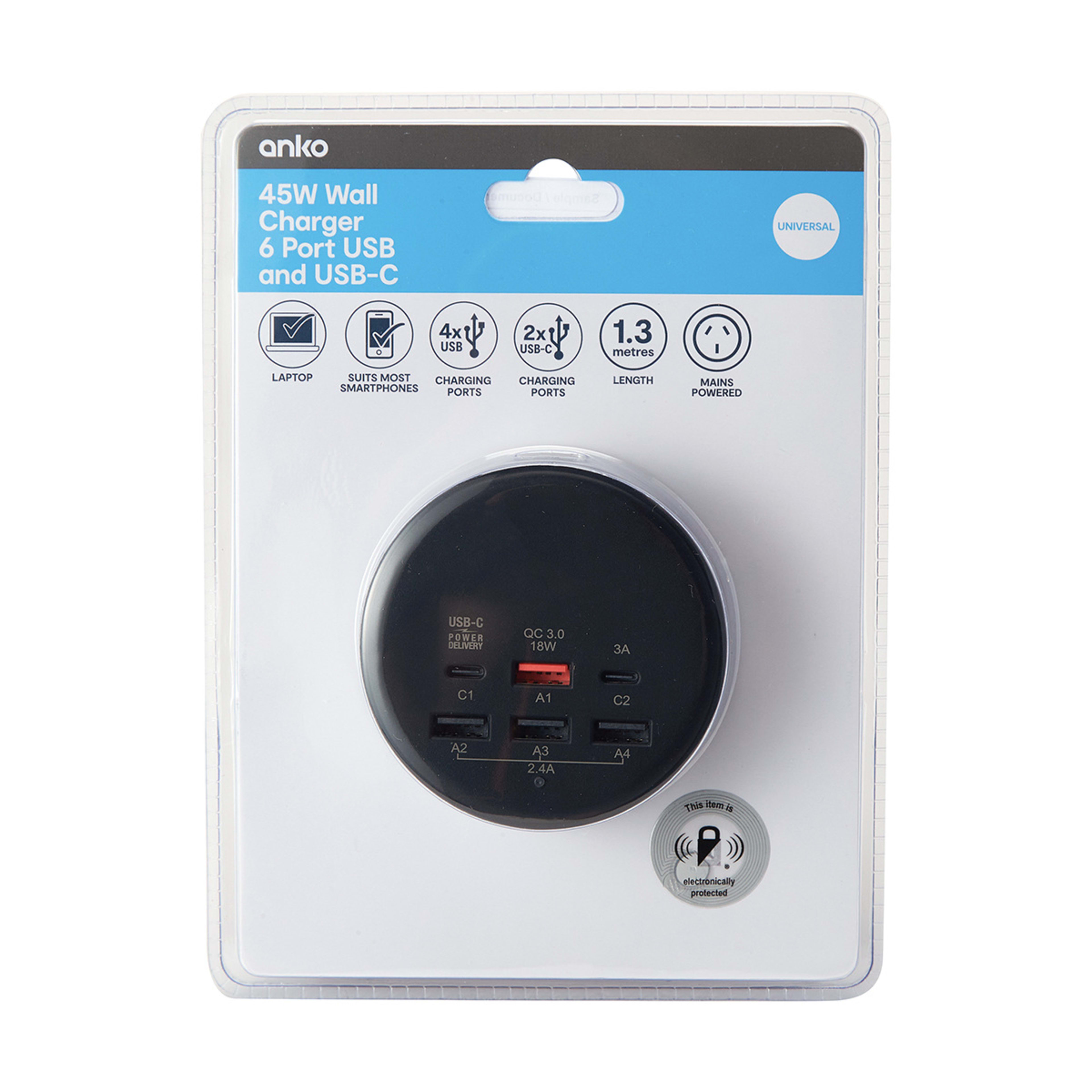 45W Wall Charger 6 Port USB and USBC Kmart