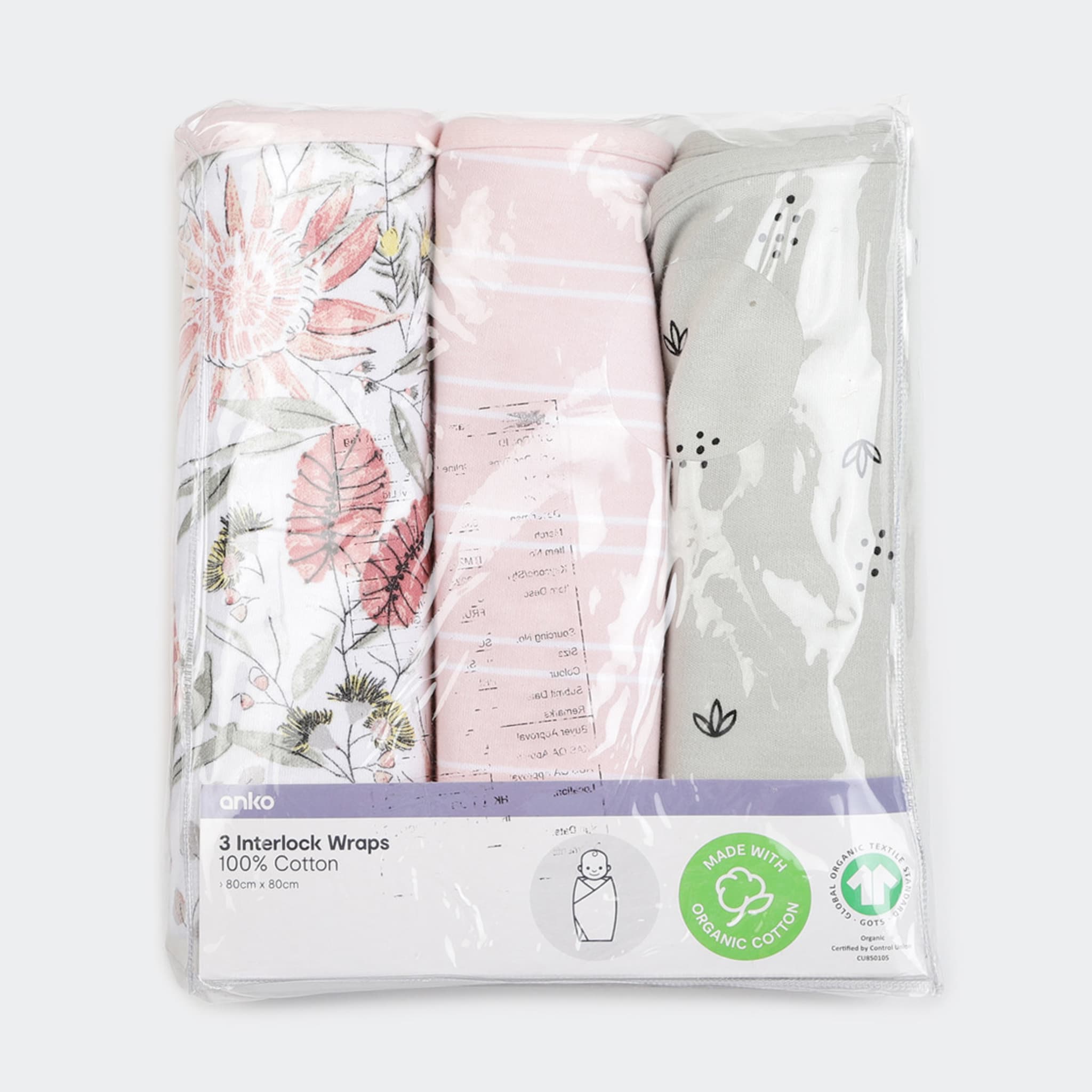 3 Pack Organic Cotton Interlock Wraps Floral Kmart