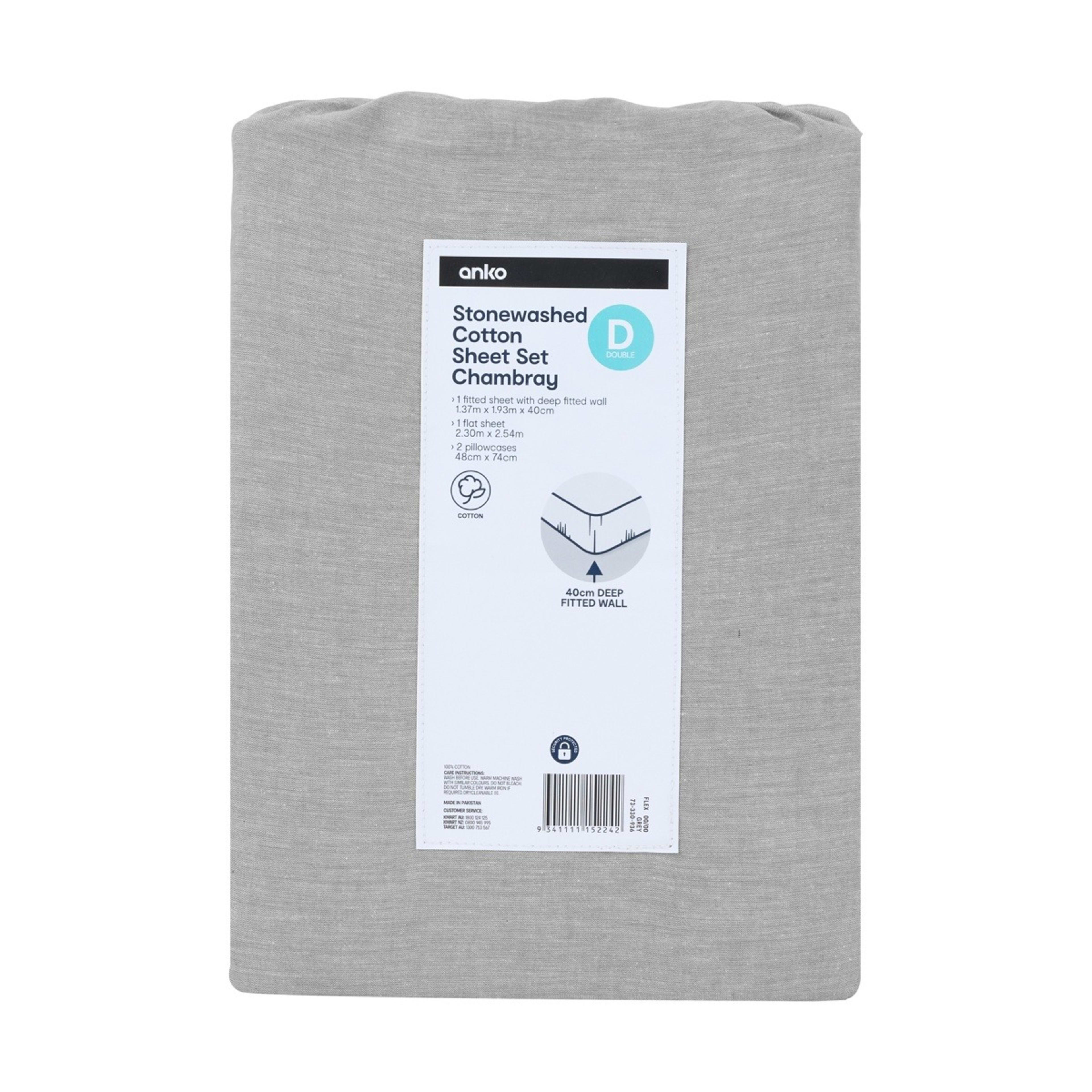 7 Stonewashed Chambray Cotton Sheet Set - Double Bed, Grey, 7 of 7