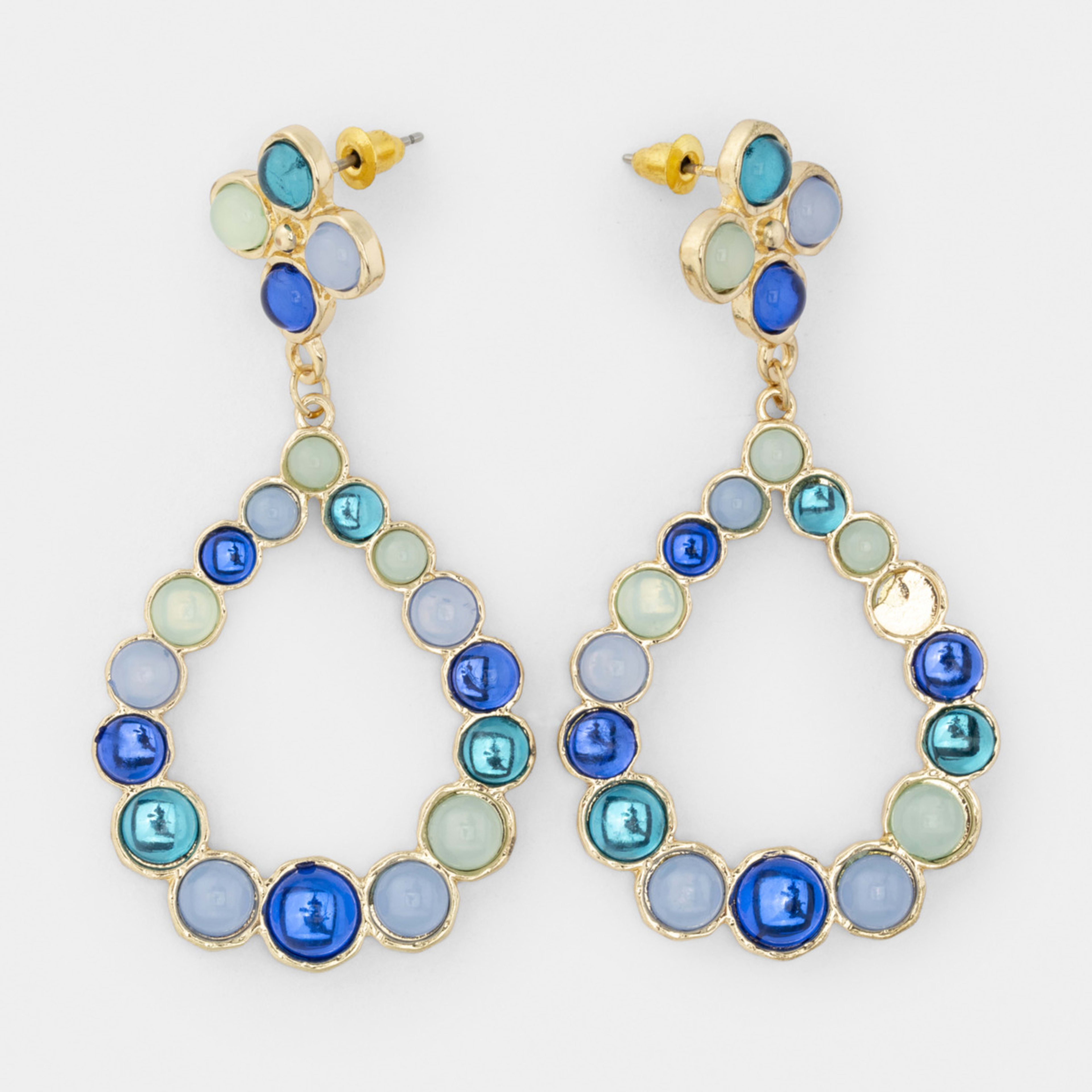 1 Flower Tear Drop Earrings - Gold Tone and Pale Blue