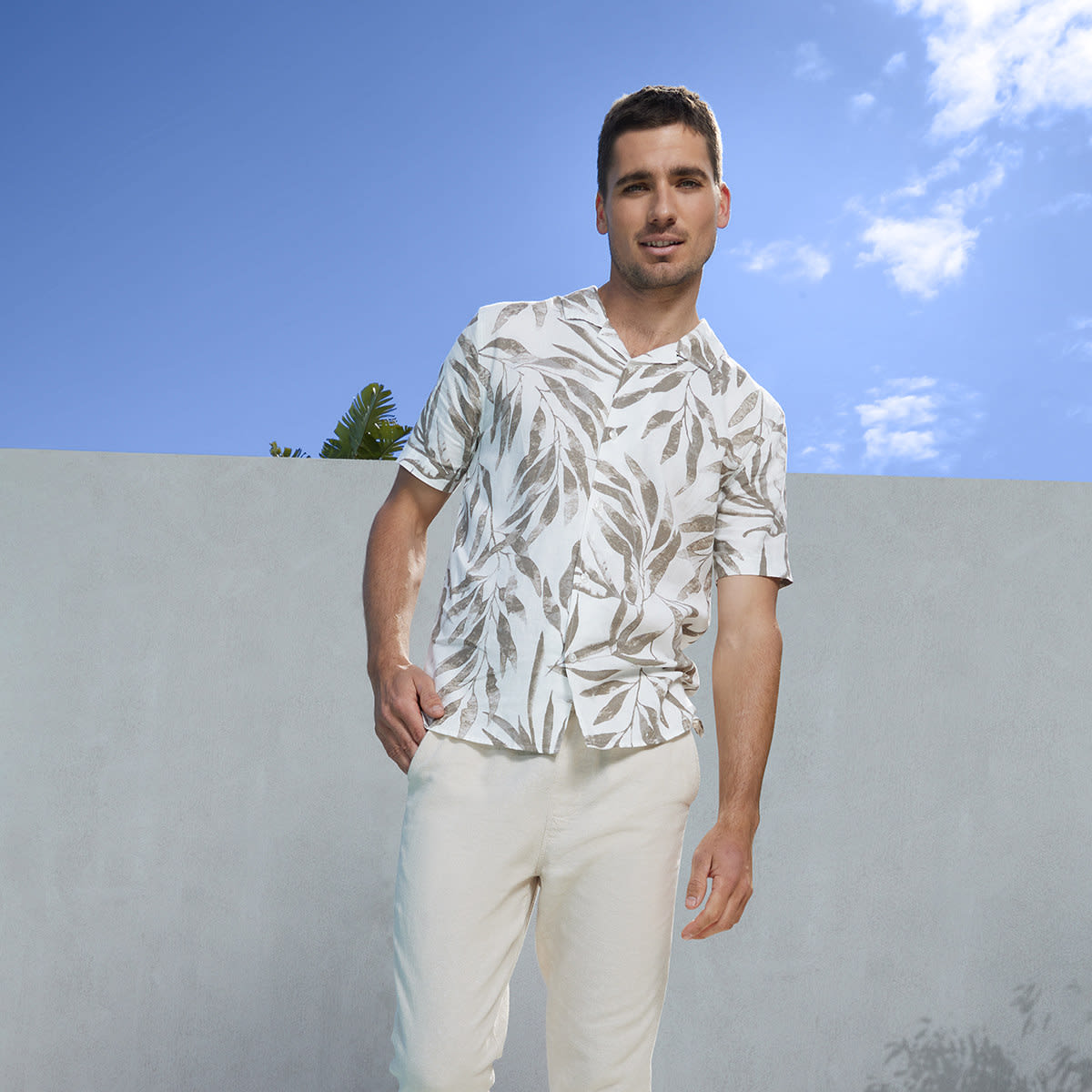 Short Sleeve Open Collar Linen Blend 