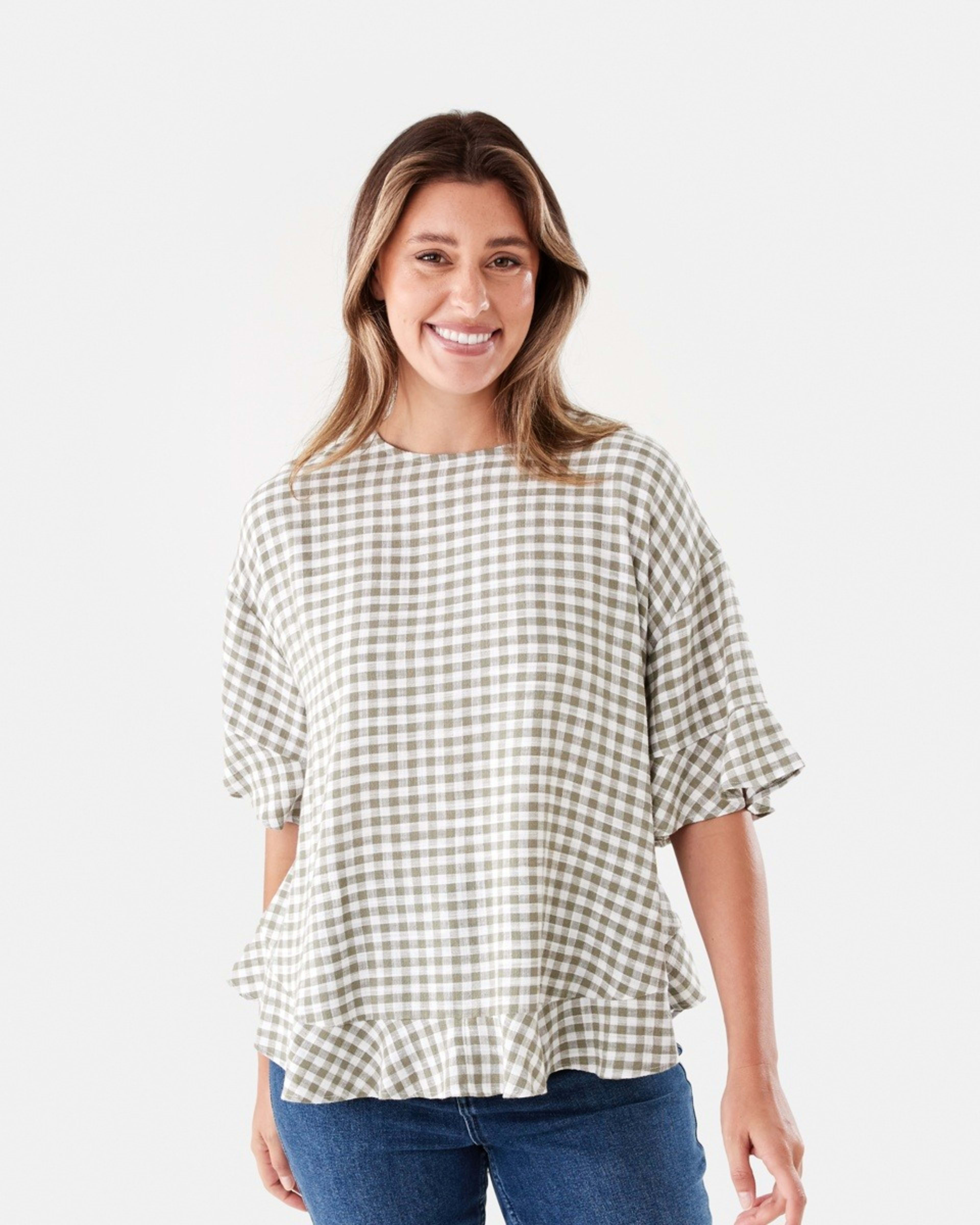 1 Short Sleeve Button Back Relaxed T-shirt GINGHM LIGHT KHAKI