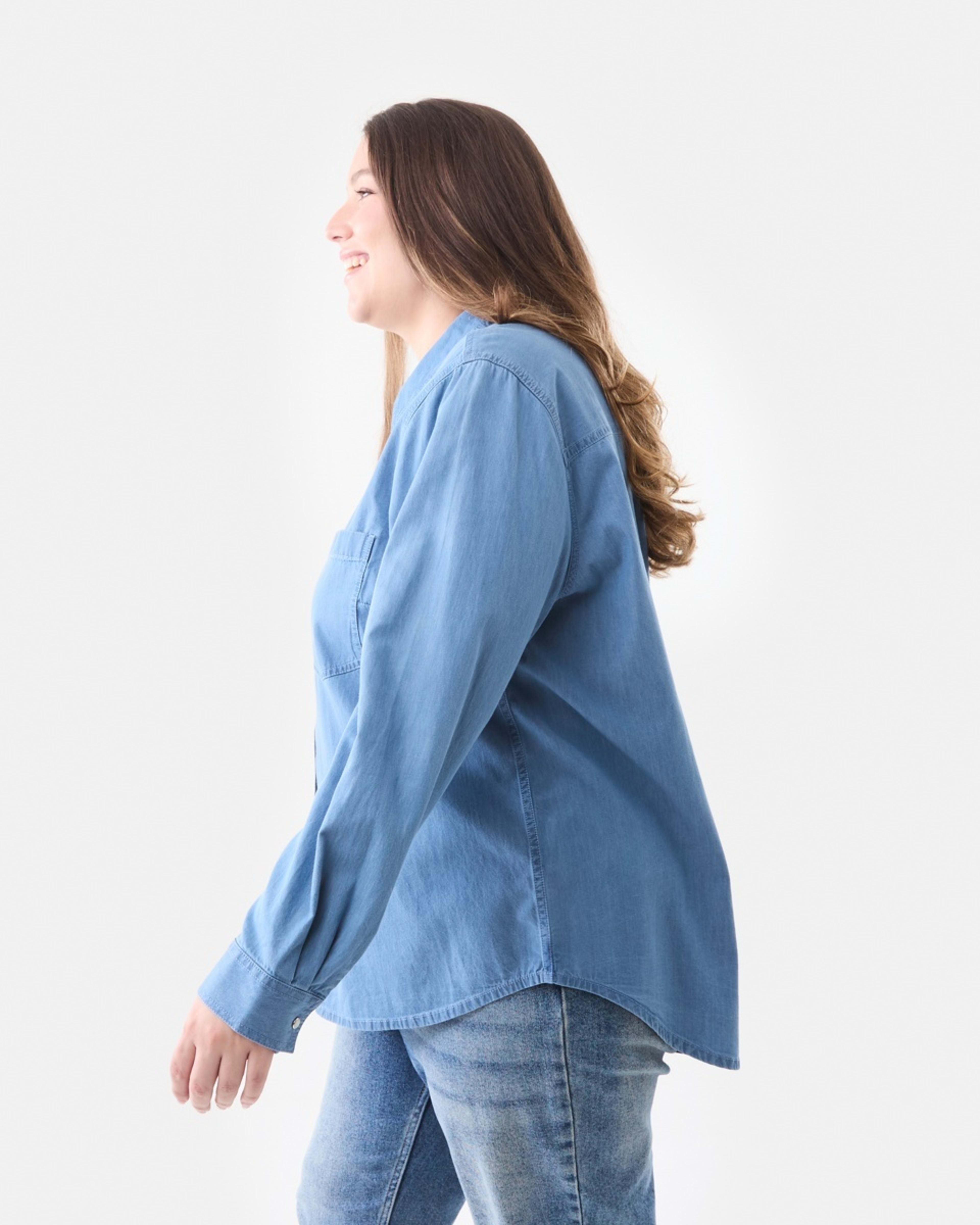 2 Curve Long Sleeve Denim Shirt Mid Blue Denim Wash, 2 of 5