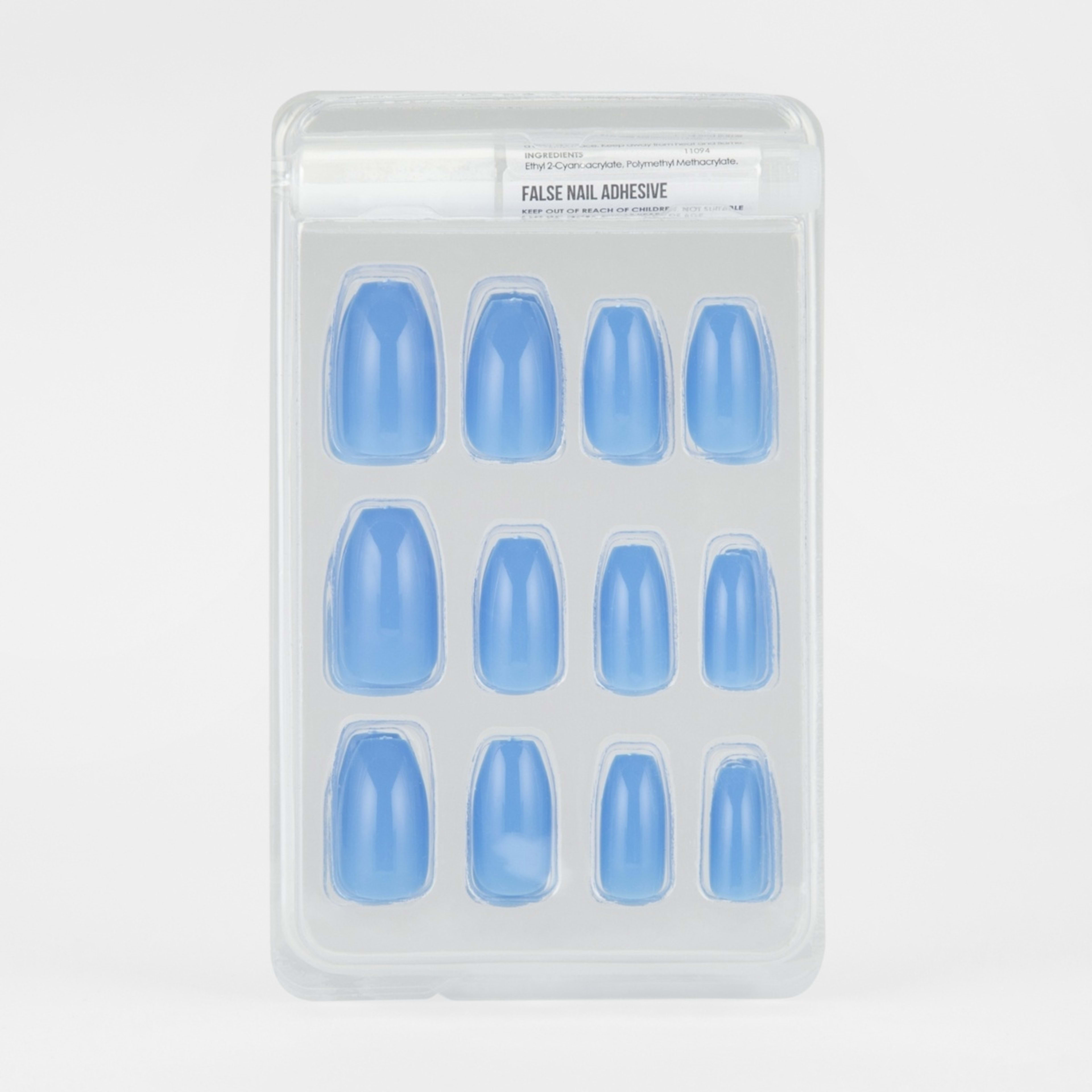 OXX Cosmetics 24 Pack False Nails with Adhesive Coffin Shape, Blue