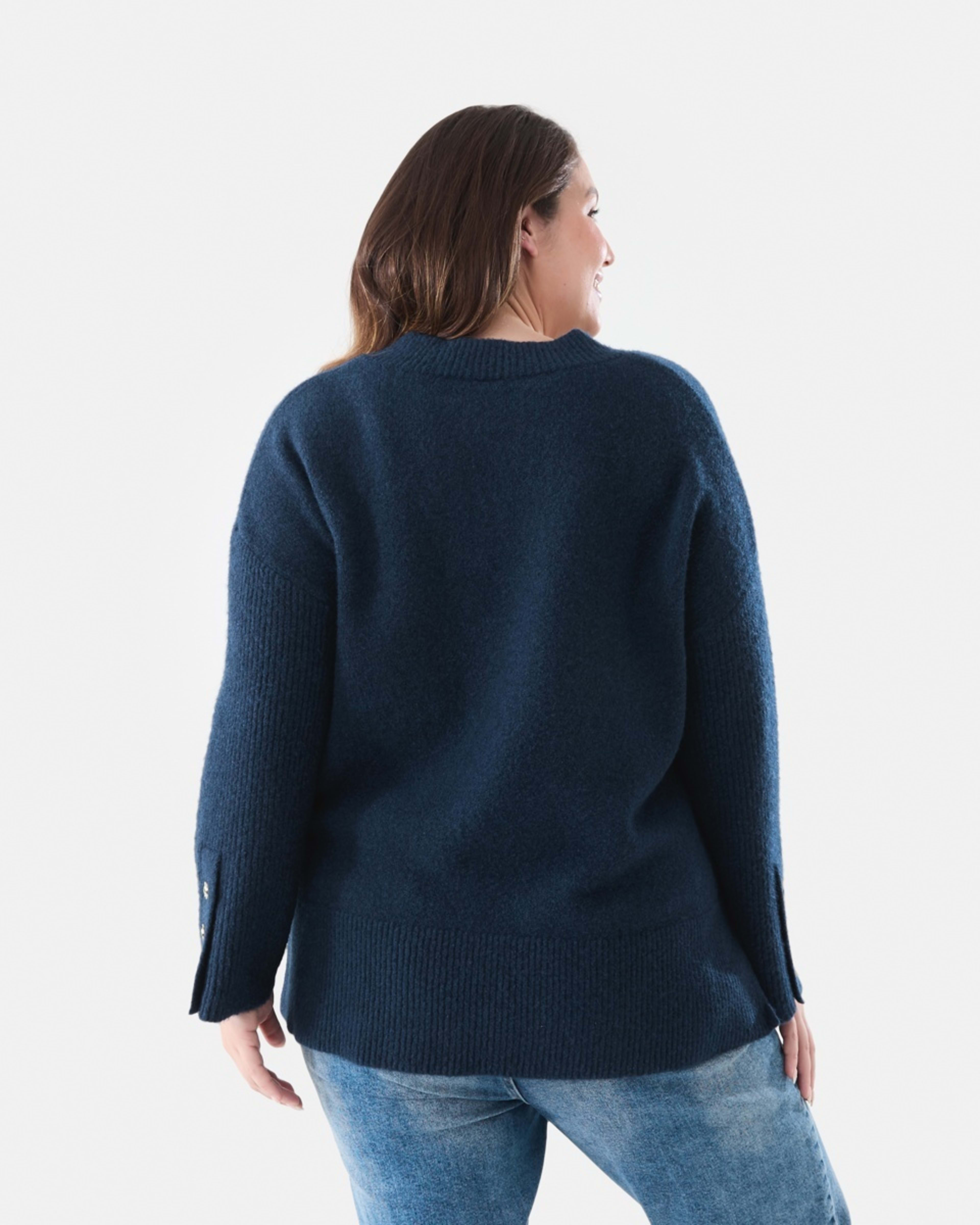 3 Curve Button Detail V-Neck Jumper Navy Blazer, 3 of 6