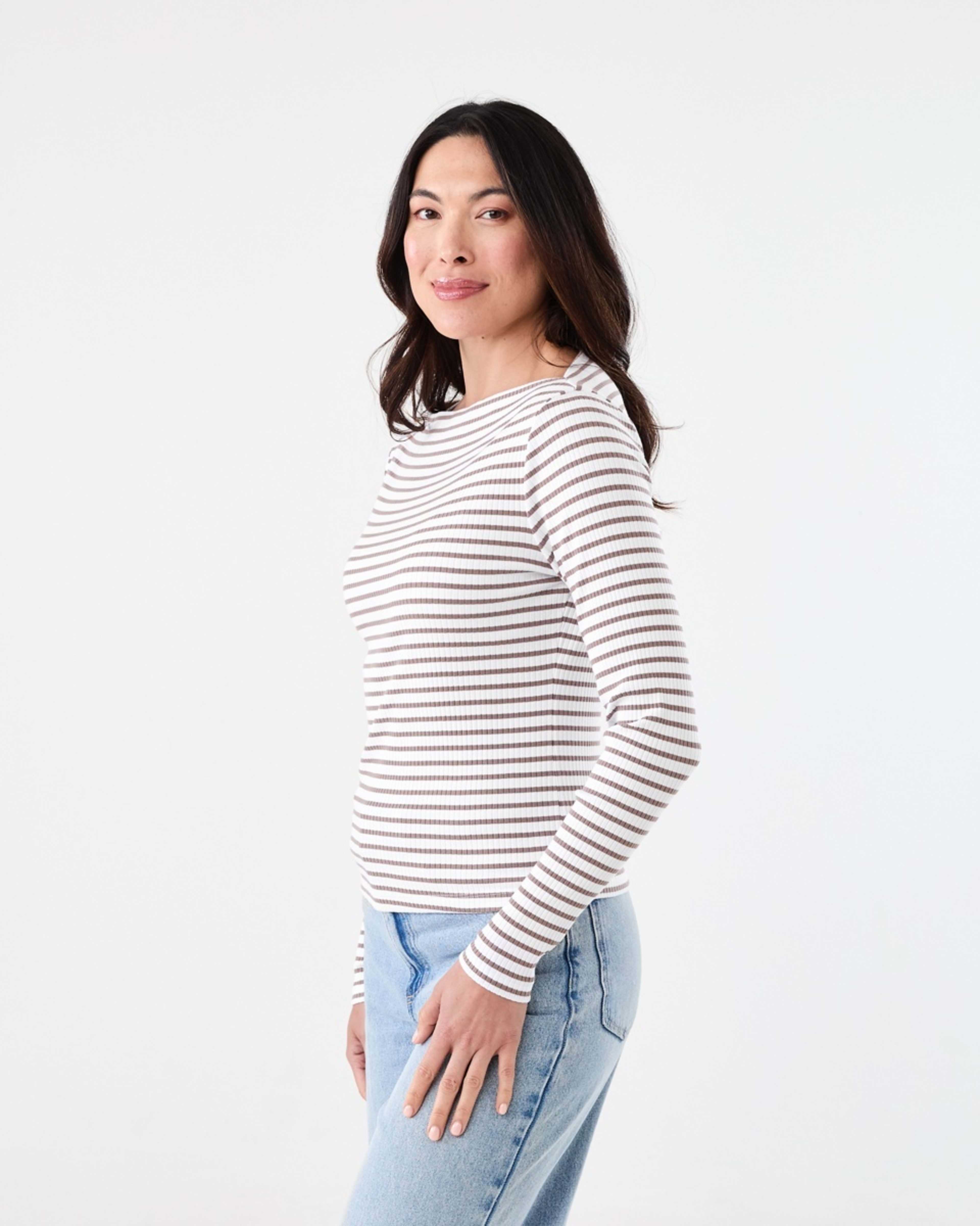 2 Long Sleeve Rib Boat Neck Top Taupe Stp, 2 of 5