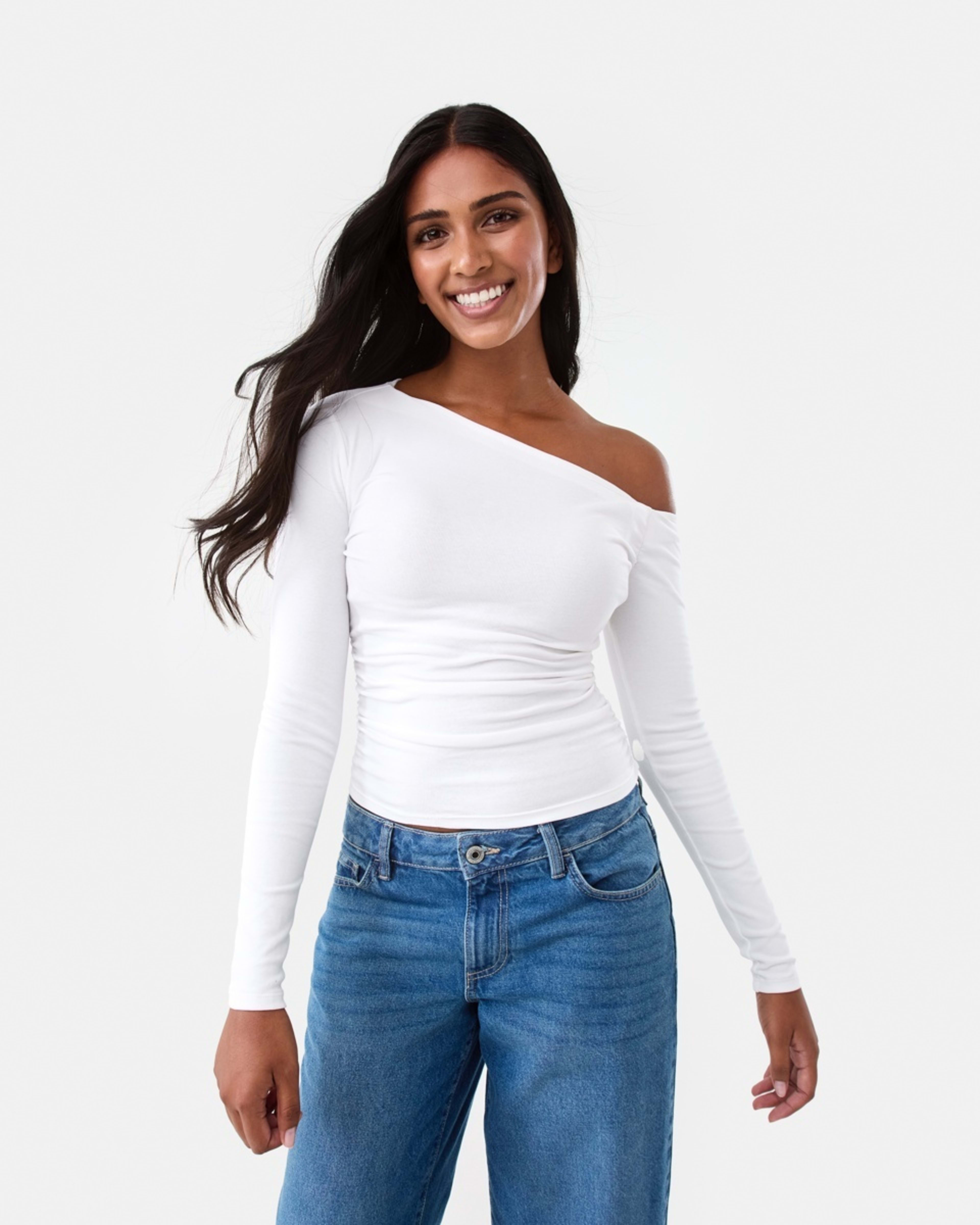 1 Long Sleeve Off Shoulder Ruched Top Ecru, 1 of 8