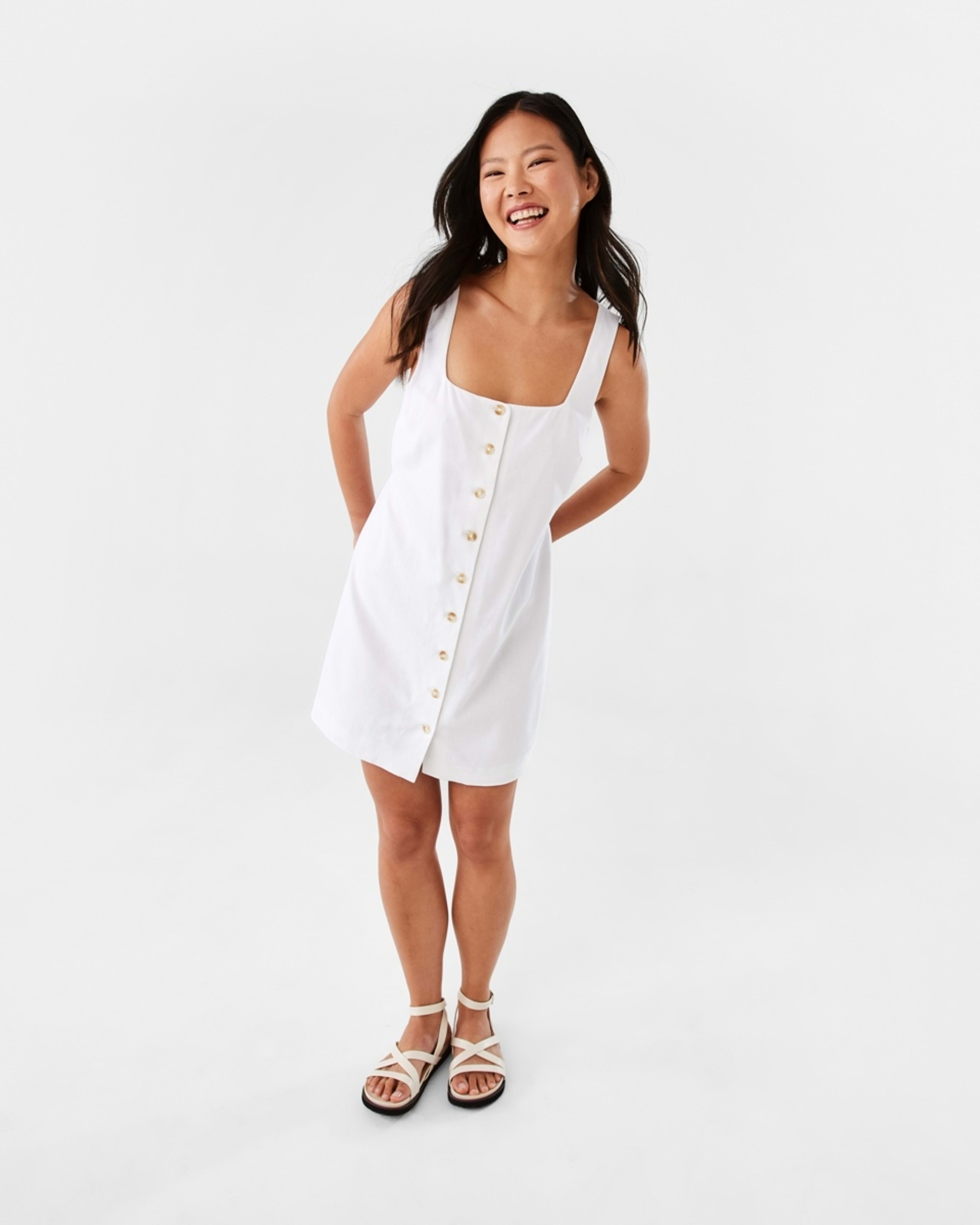 2 Sleeveless Linen Blend Button Mini Dress White, 2 of 10