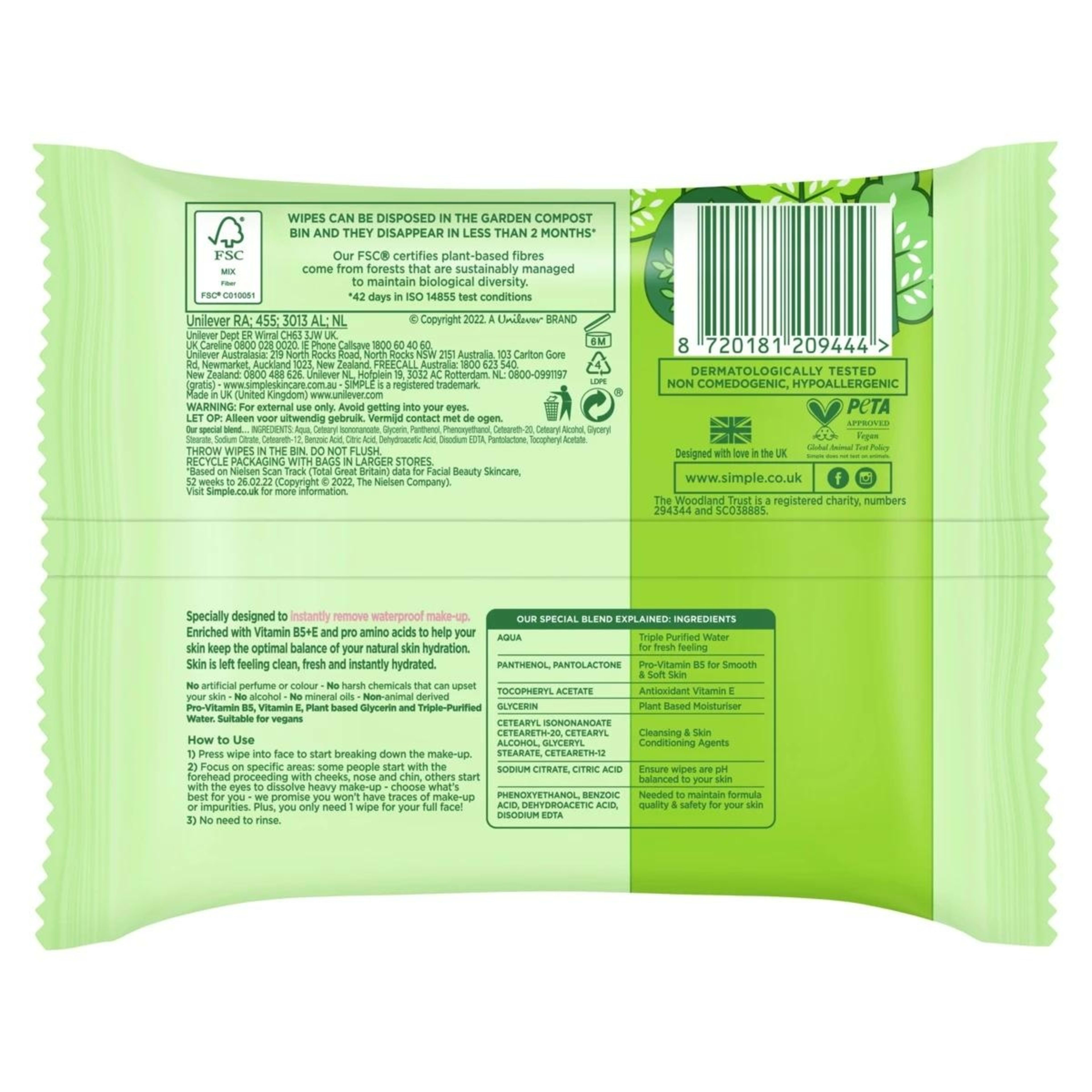 2 25 Pack Simple Kind to Skin Biodegradable Cleansing Wipes - Vitamin B5, Vitamin E and Pro Amino Acids, 2 of 9
