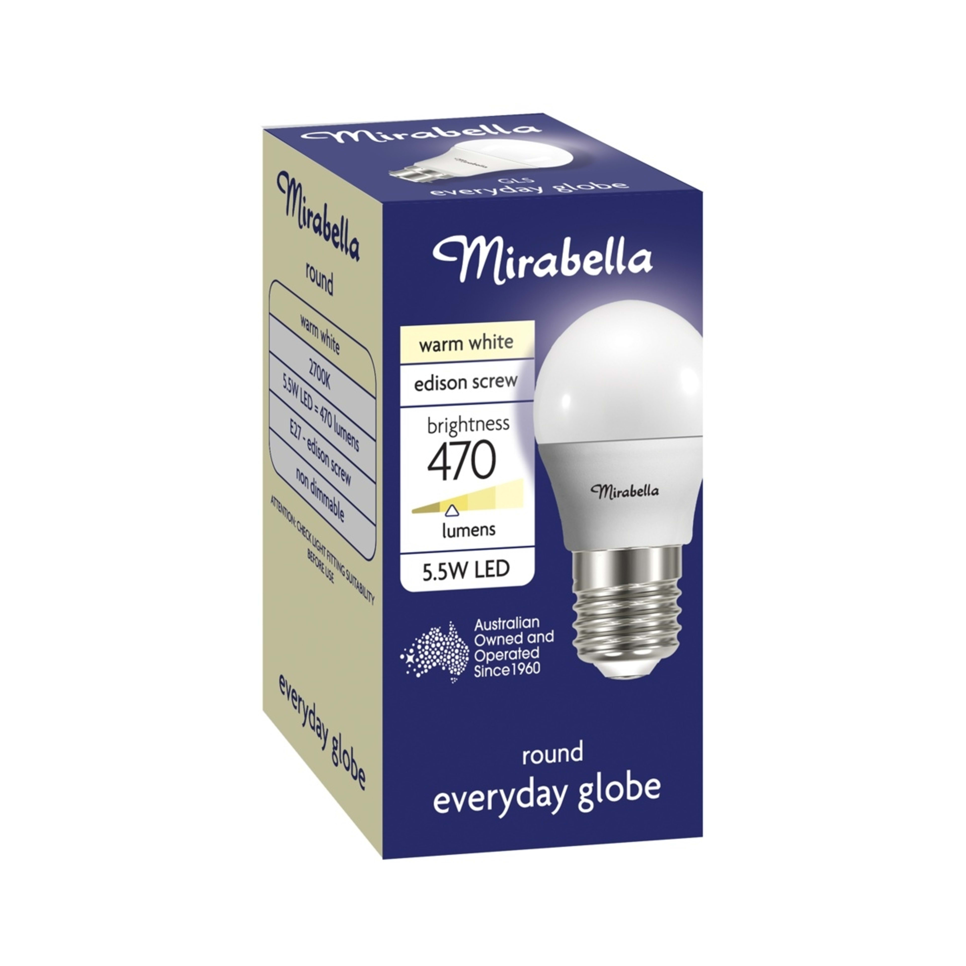 1 Mirabella E27 5.5W Warm White LED Round Everyday Globe