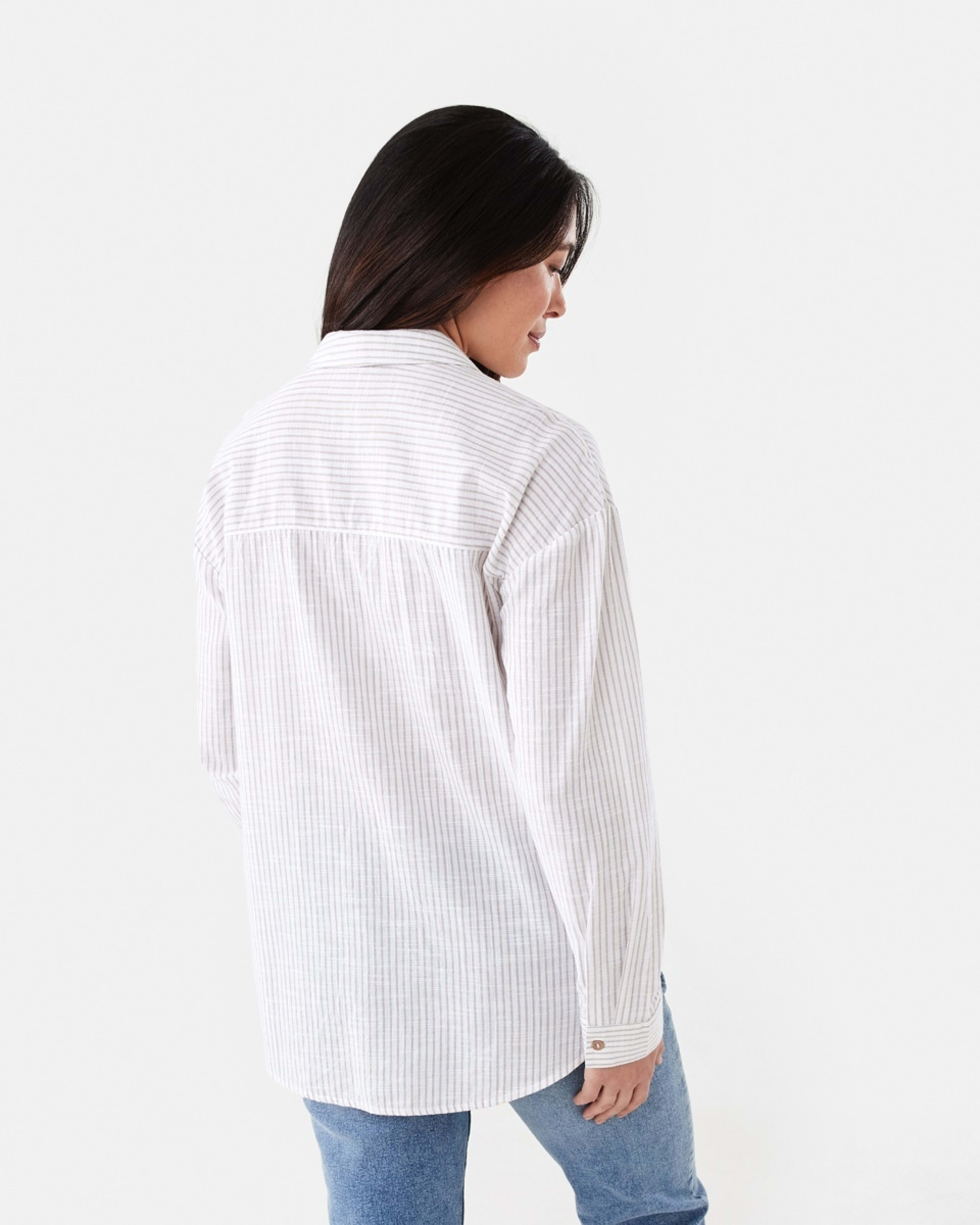 3 Long Roll Sleeve Cotton Shirt Strp Taupe, 3 of 6