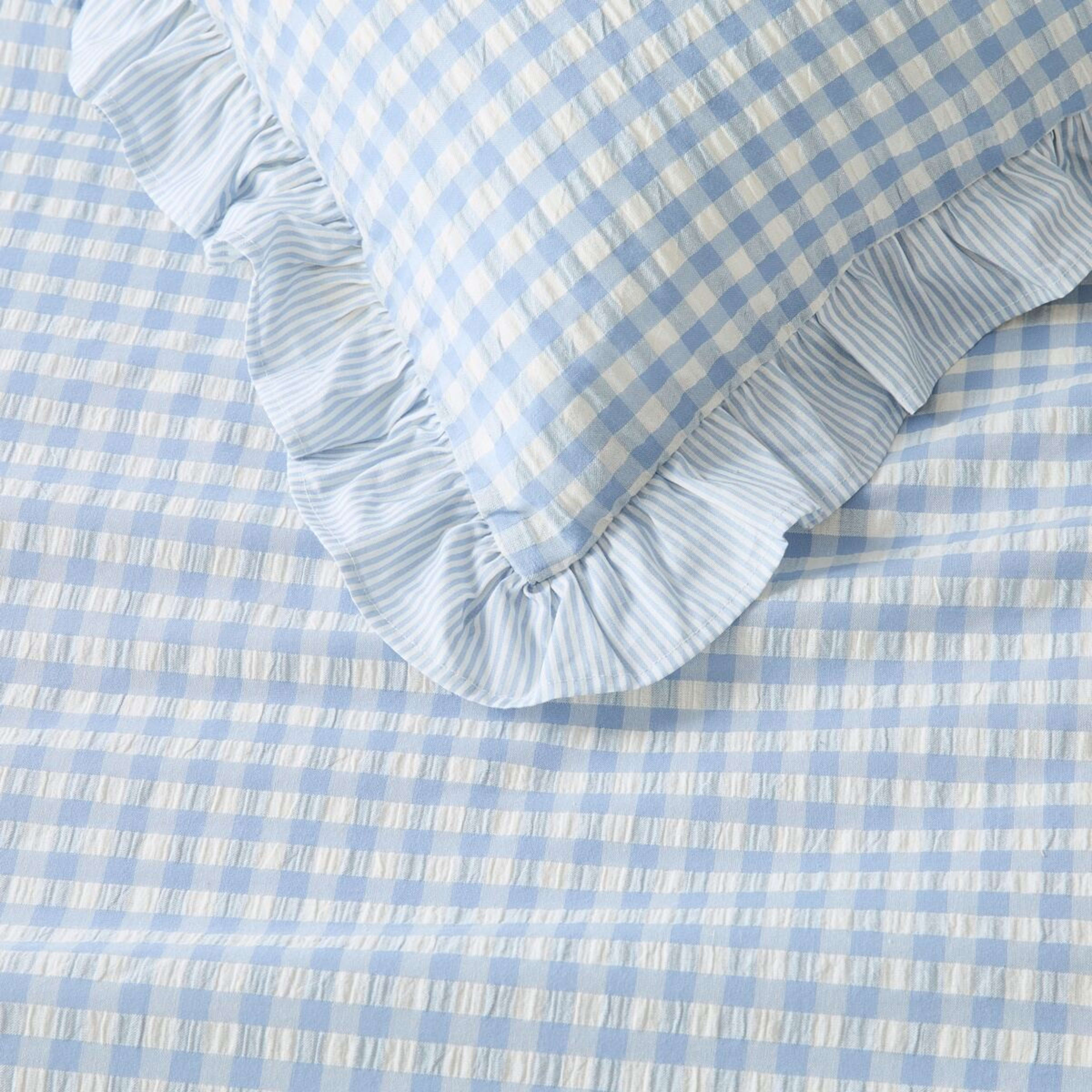 5 Gingham Ruffle Reversible Cotton Quilt Cover Set - Double Bed, Blue, 5 of 7