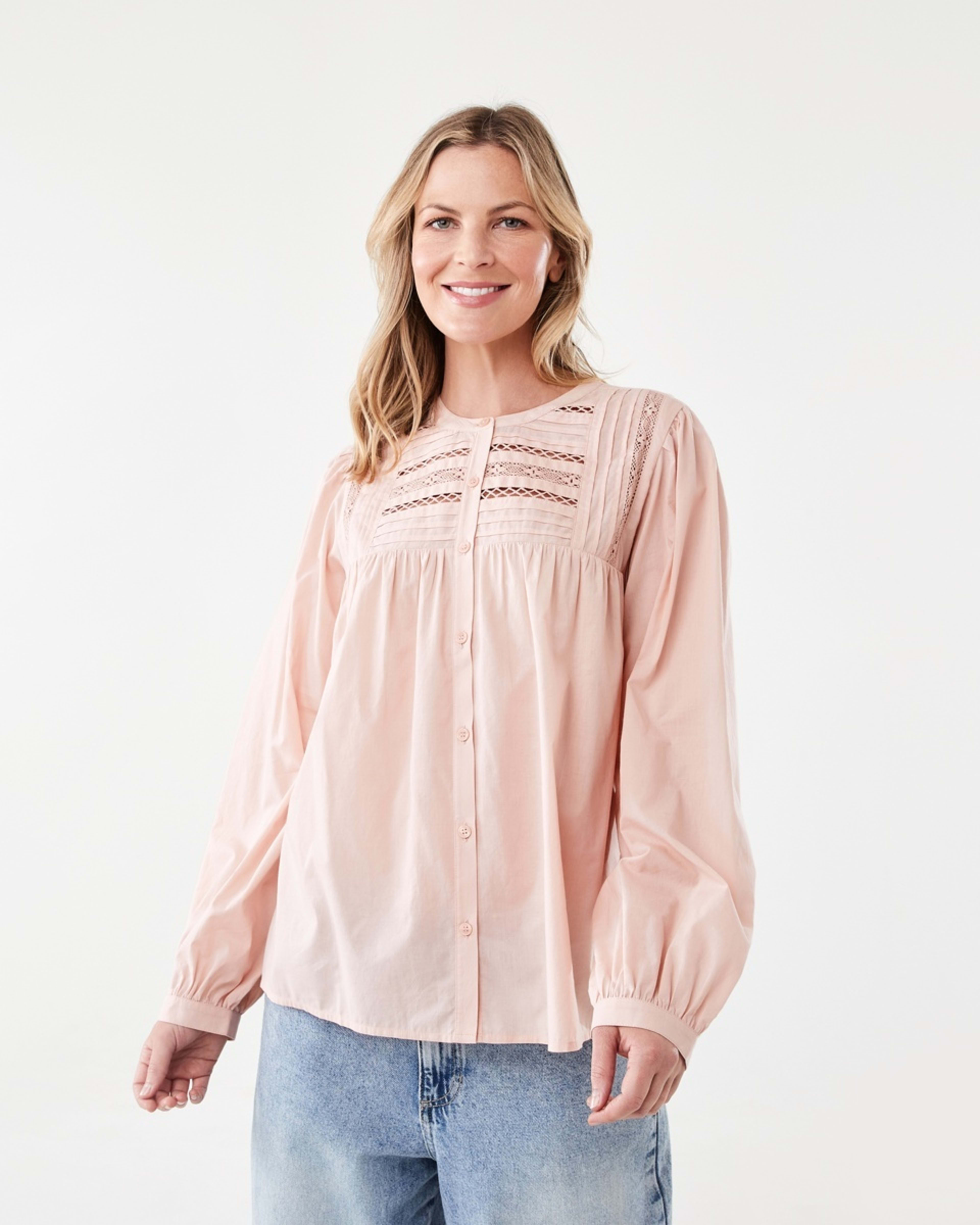 1 Long Sleeve Boho Lace Trim Blouse Rose Pink, 1 of 6