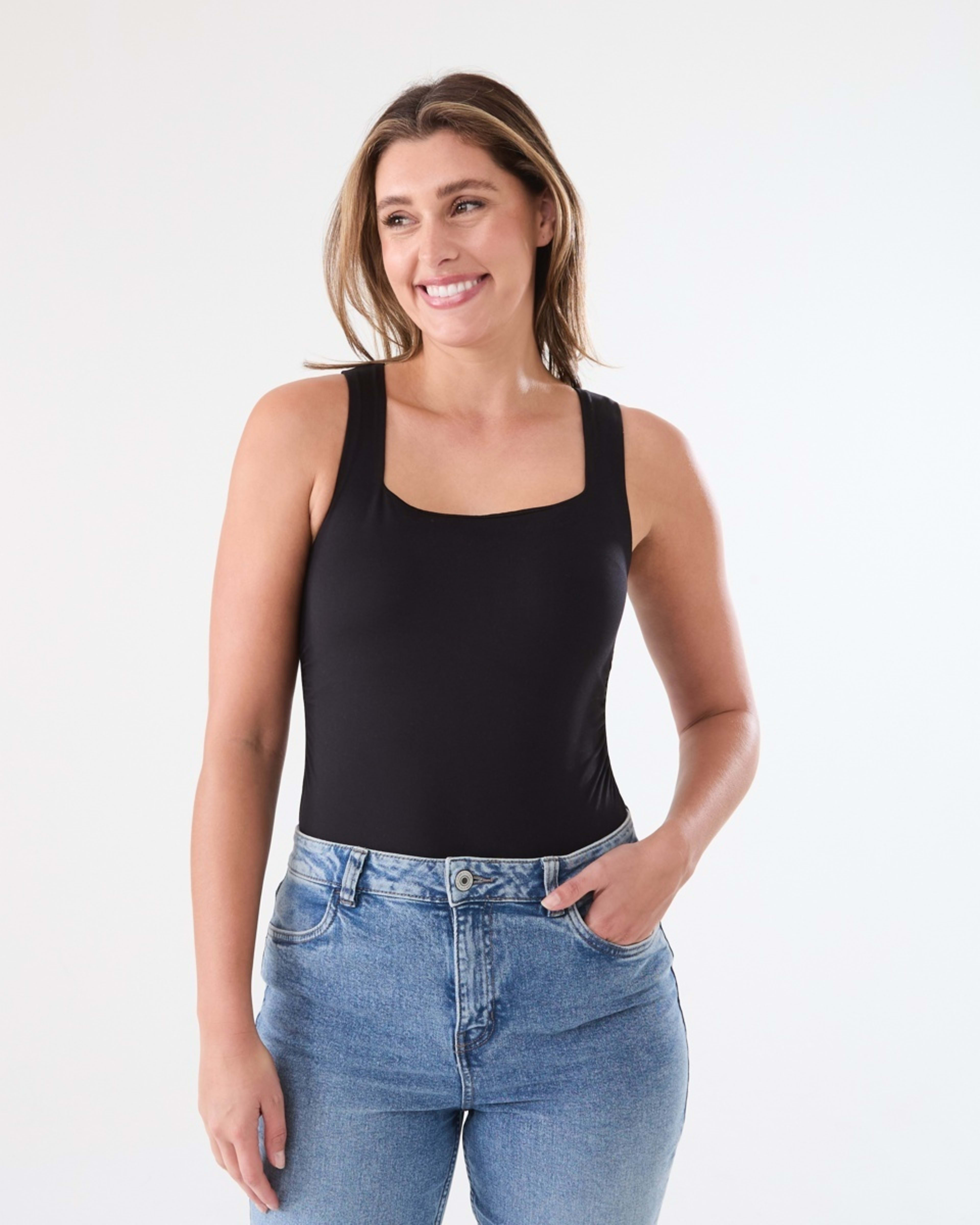 2 Sleeveless Straight Neck Bodysuit BLACK, 2 of 6