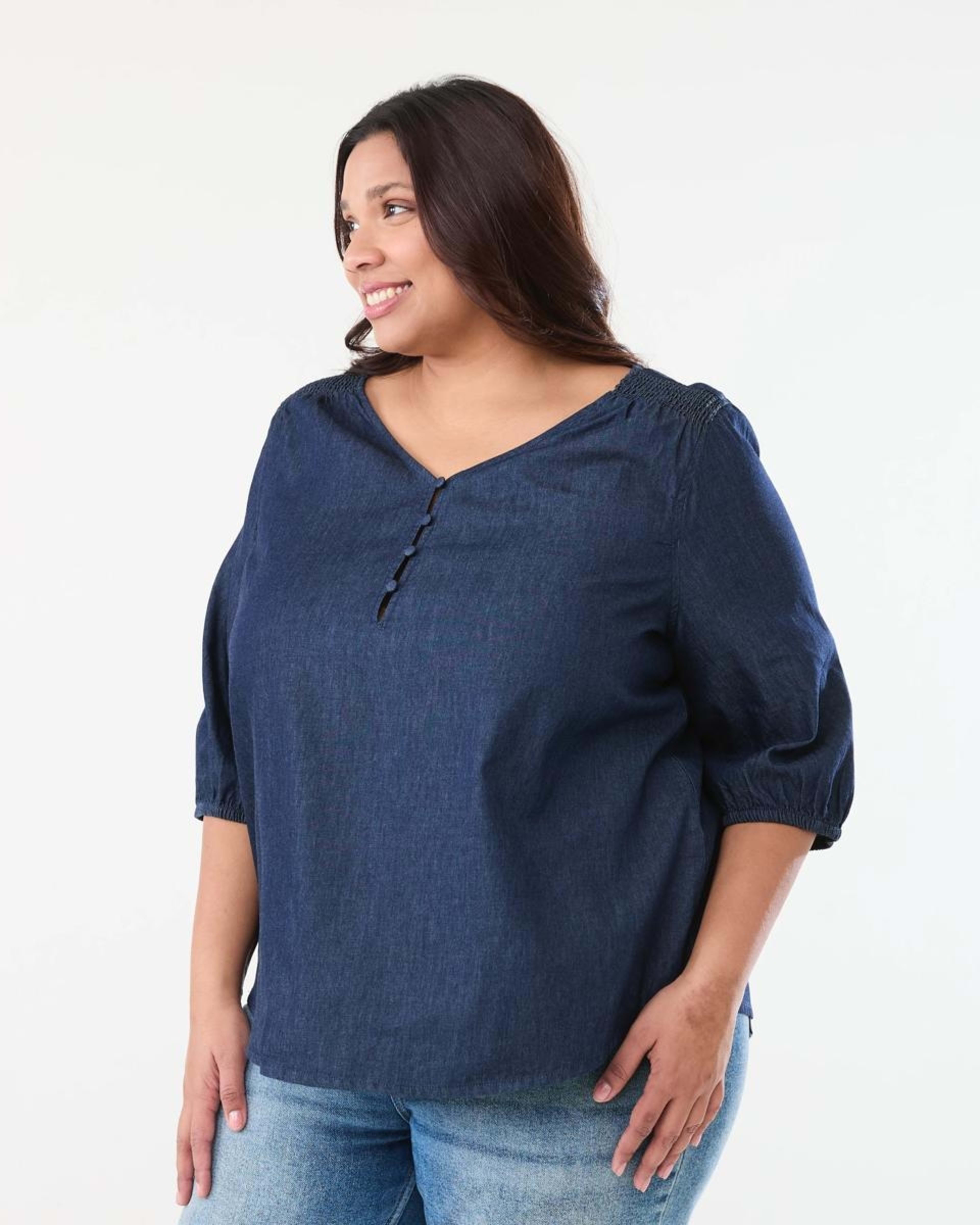 2 Curve Long Sleeve Shirred Shoulder Top DARK DENIM WASH, 2 of 6