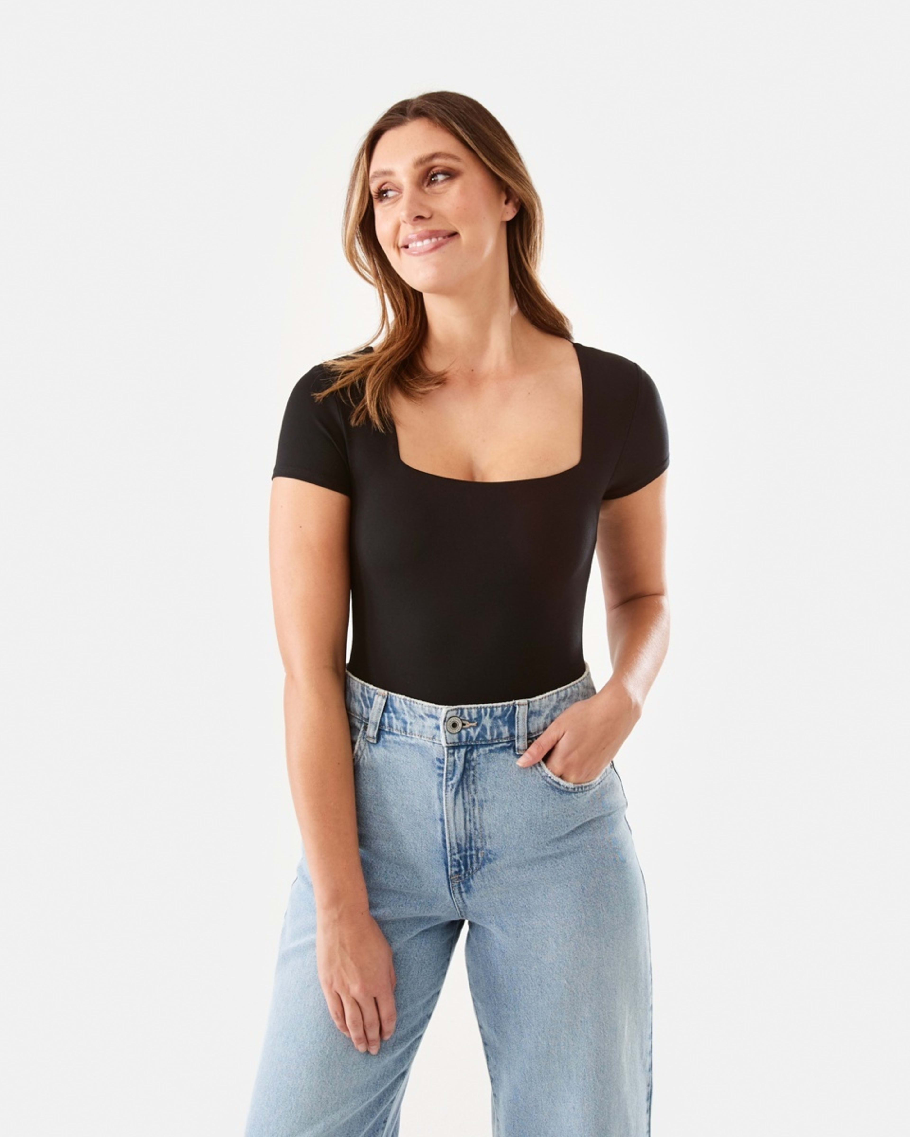 1 Short Sleeve Luxe Square Neck Bodysuit Black