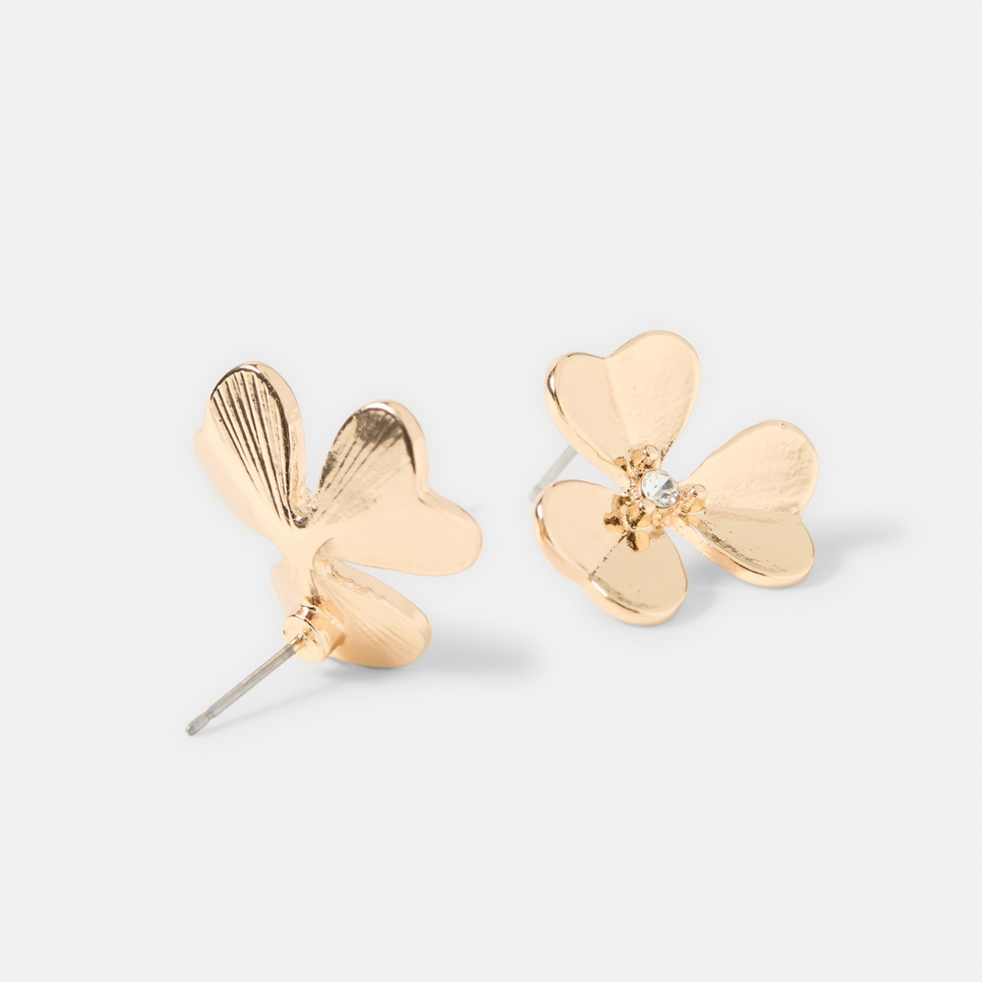 3 Three Petal Crystal Flower Stud Earrings - Gold Tone, 3 of 5