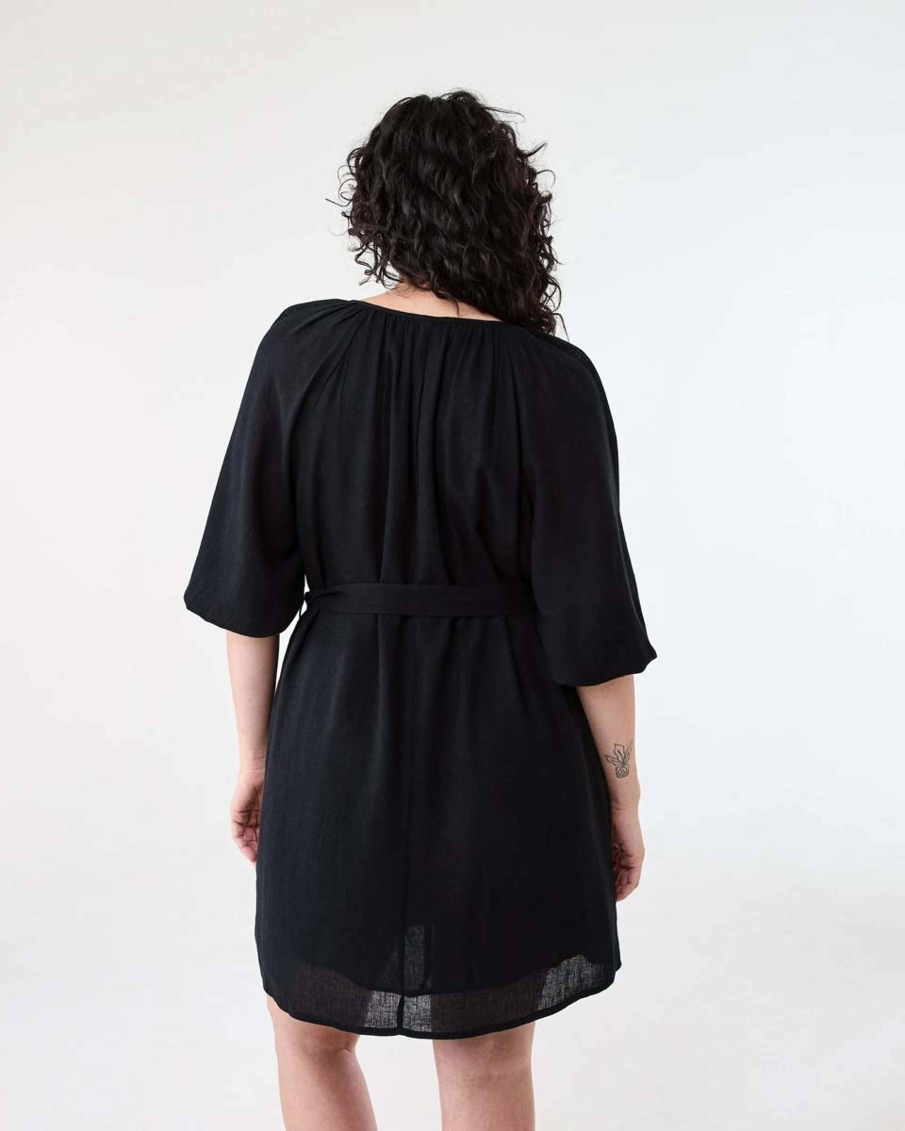3 Elbow Sleeve Linen Blend Mini Dress BLACK, 3 of 8
